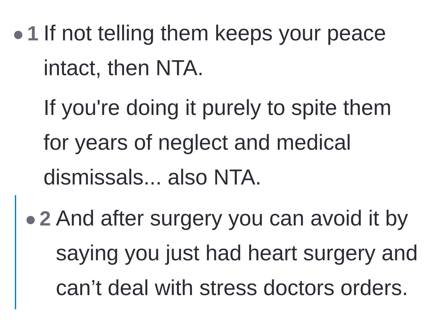 Comment thread 5 - A commenter reassuring the author that hiding the surgery is acceptable whether it is done to protect her peace or purely out of spite.