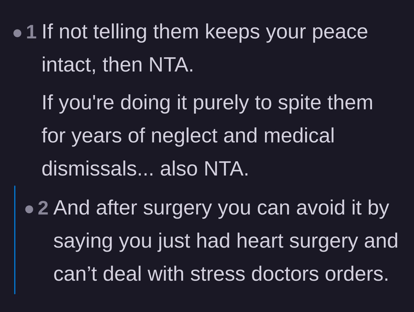 Comment thread 5 - A commenter reassuring the author that hiding the surgery is acceptable whether it is done to protect her peace or purely out of spite.