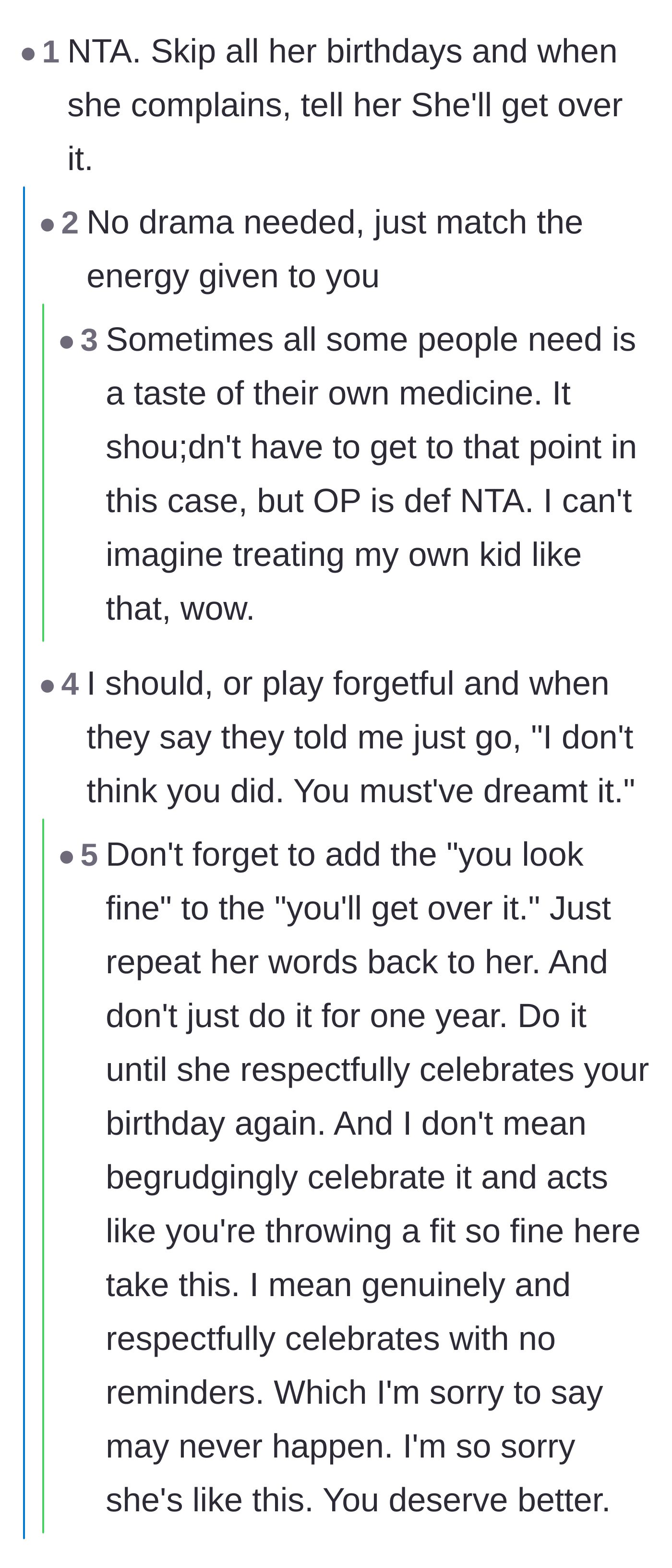 Comment thread 1 - Advice on matching the mother's toxic energy and repeating her dismissive catchphrases back to her.