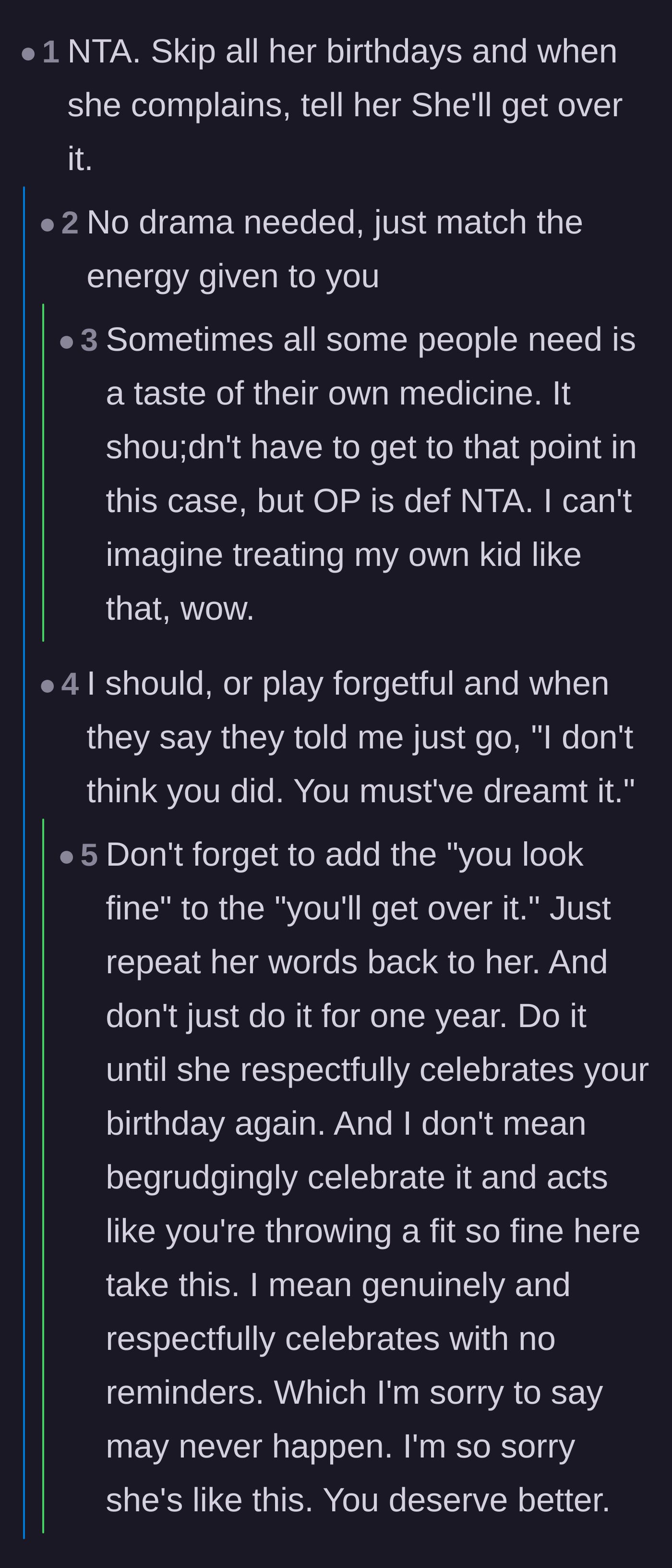 Comment thread 1 - Advice on matching the mother's toxic energy and repeating her dismissive catchphrases back to her.