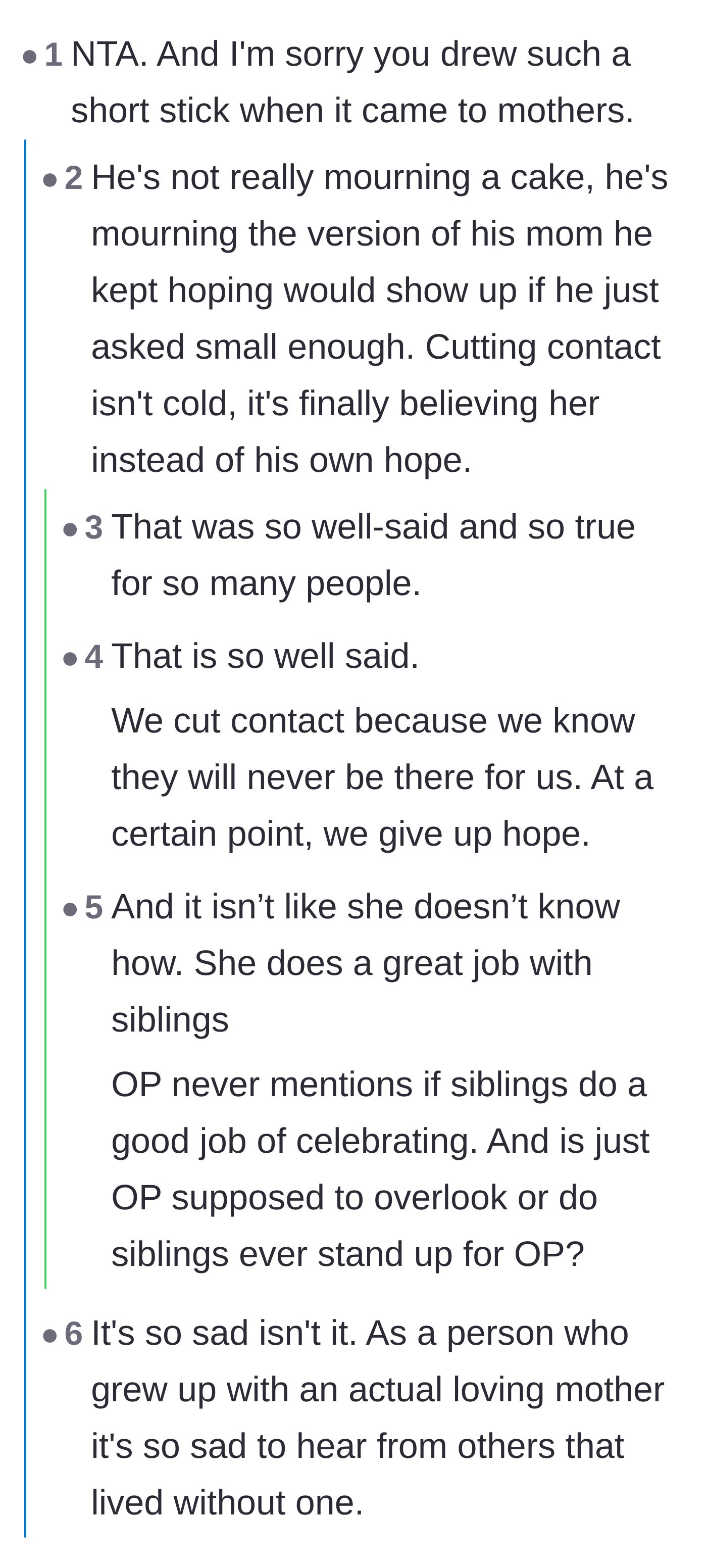 Comment thread 2 - A deep psychological take explaining that OP is mourning the mother he wished he had, rather than just a missing cake.