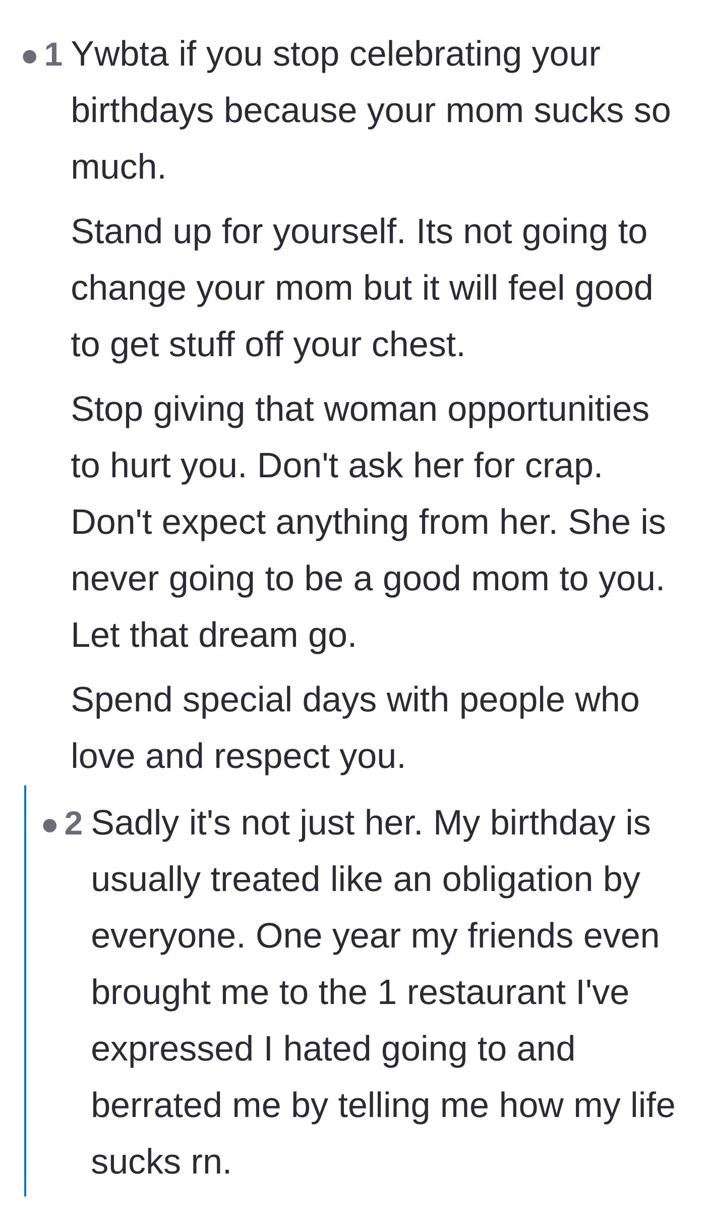Comment thread 4 - Readers urge OP not to give up on his own birthday, while OP reveals his friends are just as abusive as his family.