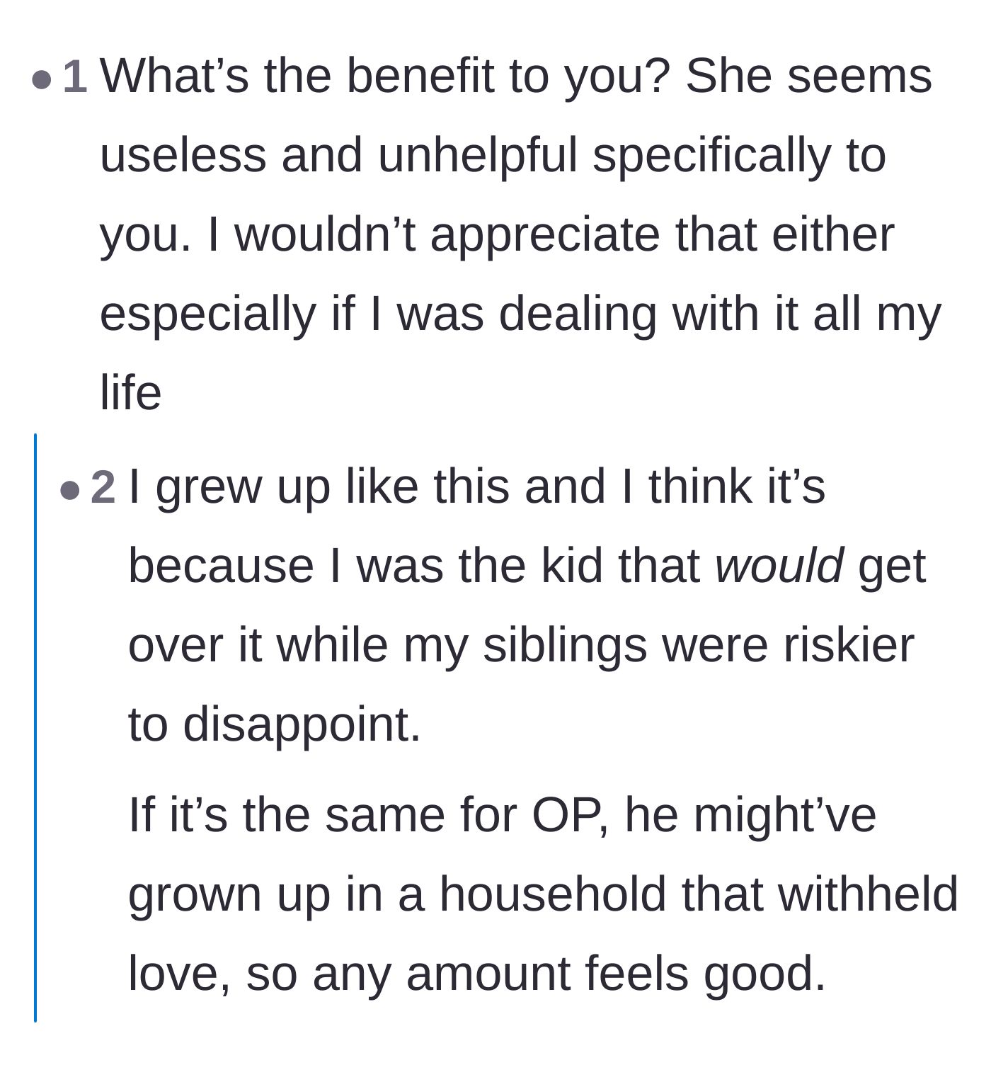 Comment thread 5 - A reader shares a personal realization about being the 'safe' kid to disappoint in a toxic household.