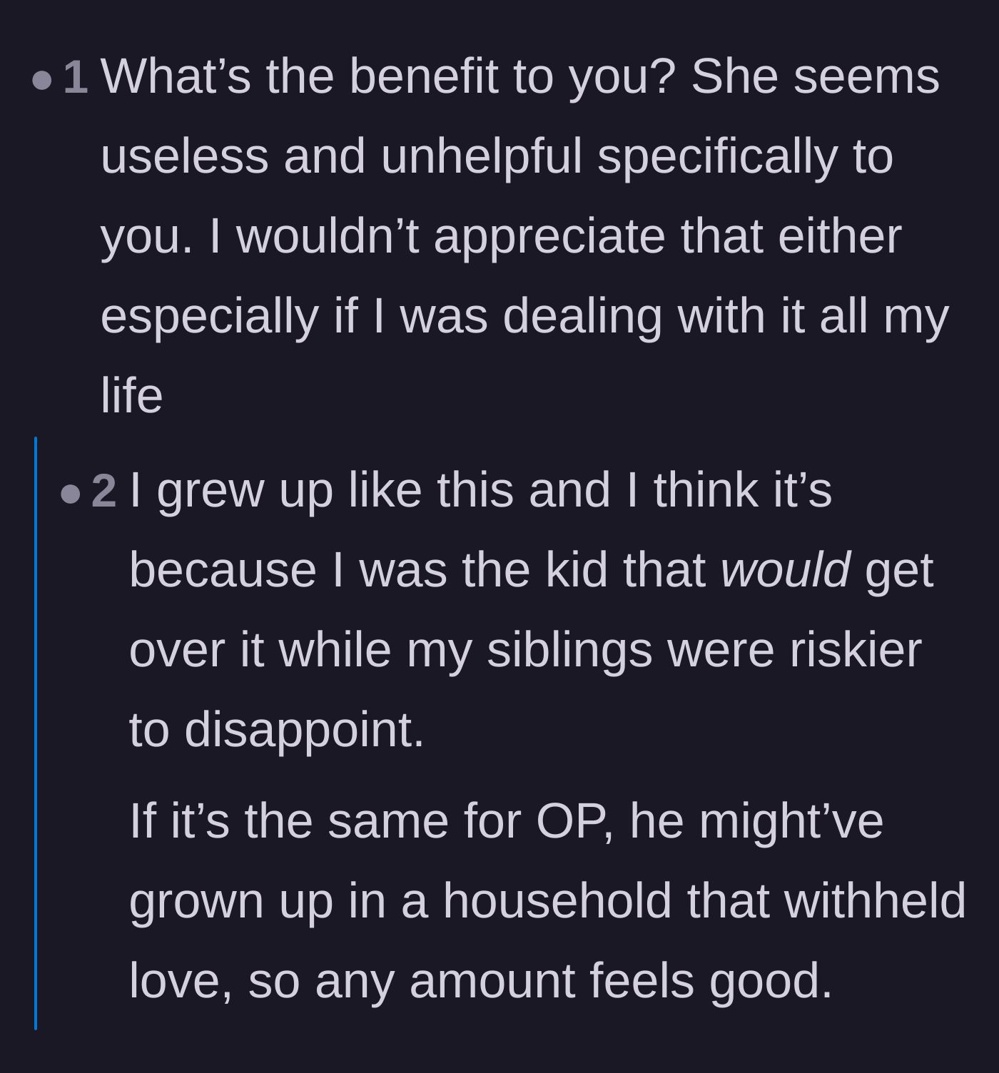 Comment thread 5 - A reader shares a personal realization about being the 'safe' kid to disappoint in a toxic household.