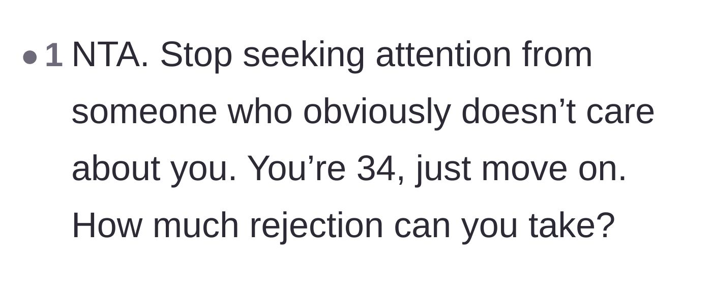 Comment thread 6 - Tough love advice telling the main character to stop seeking validation from a mother who continually rejects him.