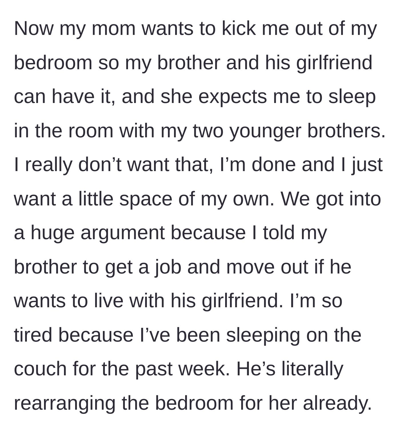 Story part 5 - The mom forces the teen to sleep on the couch to give her bedroom to her 24-year-old brother and his girlfriend.
