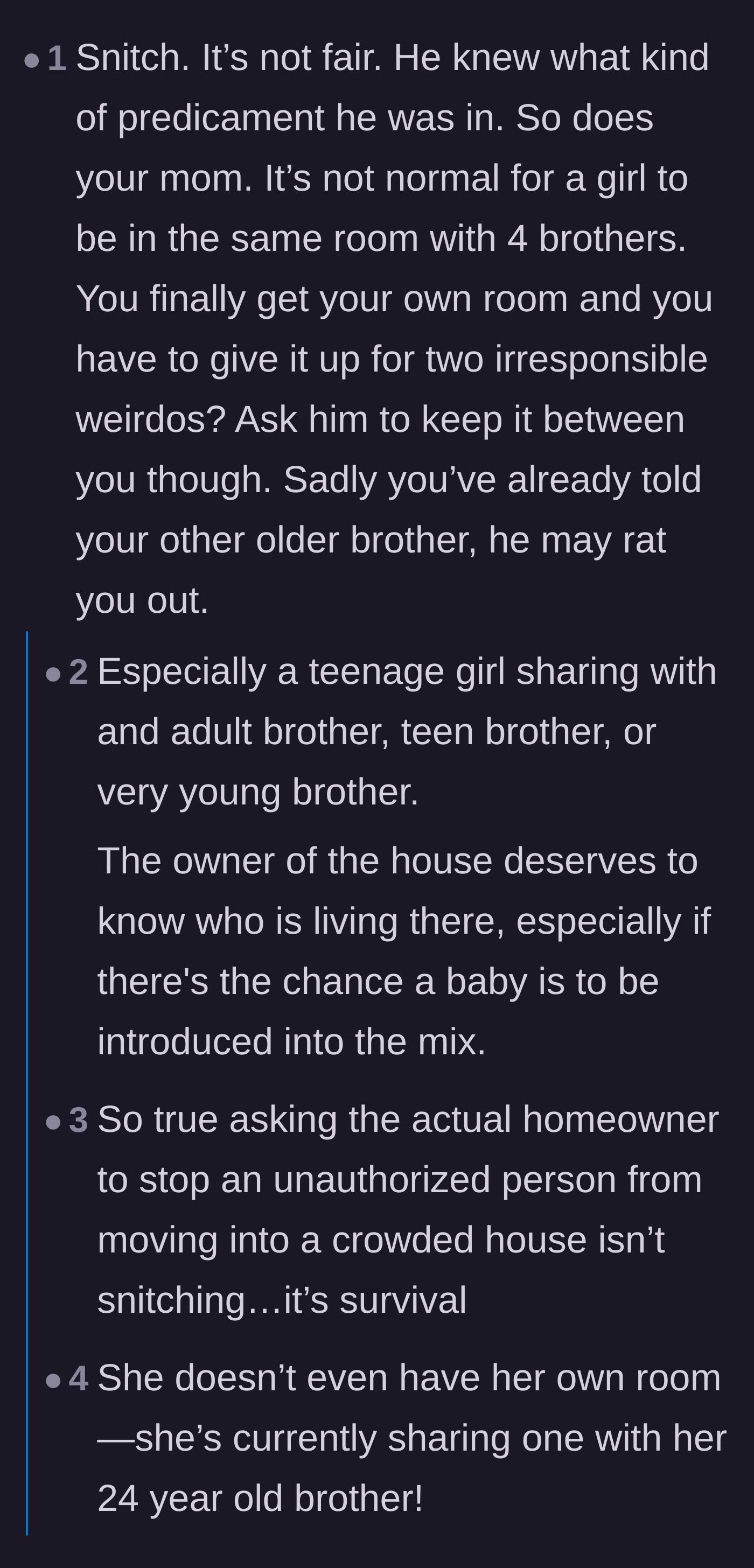 Comment thread 1 - Readers discuss how it is highly inappropriate and legally questionable for a teenage girl to share a bedroom with her adult brother.