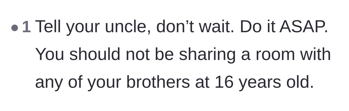Comment thread 3 - Advice urging the original poster to contact her uncle immediately because her current living situation is entirely unacceptable.