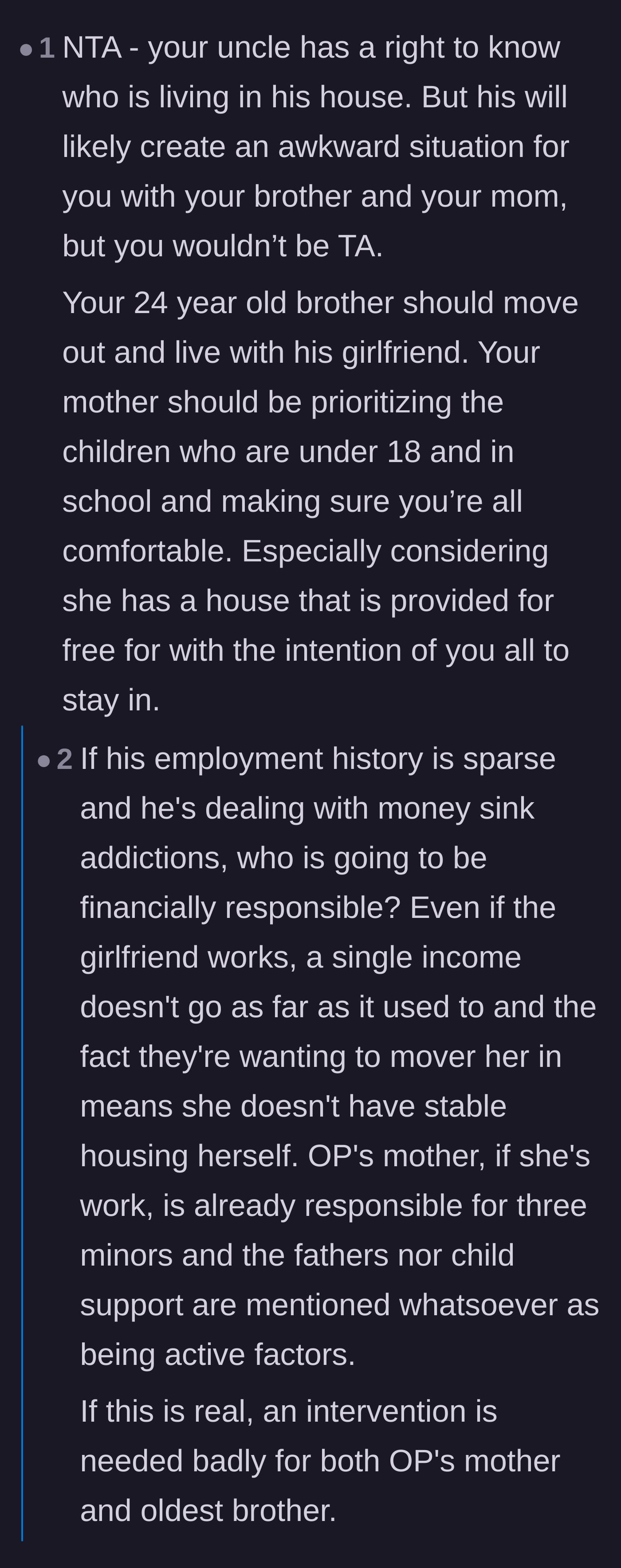 Comment thread 5 - A discussion about the mother's failure to protect her minor children and the looming financial disaster of the brother's choices.