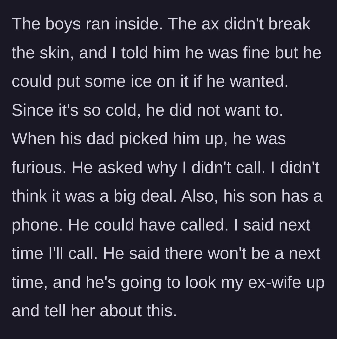 Story part 3 - The boys go inside, the father fails to notify the friend's parents, and the visiting dad erupts in justifiable anger upon pickup.