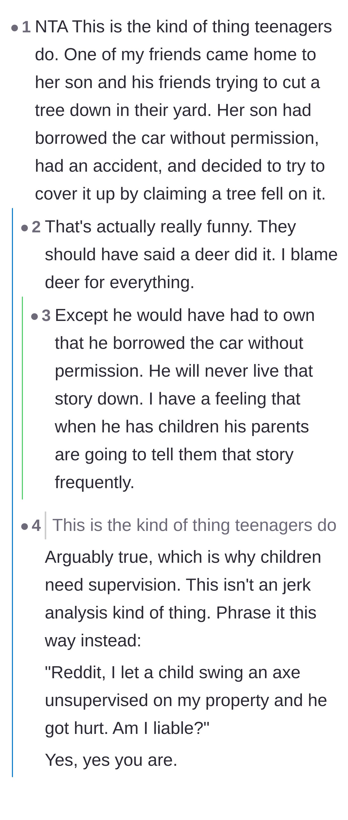 Comment thread 1 - A debate comparing funny teenage cover-ups to the legal liabilities of leaving minors unsupervised with tools.