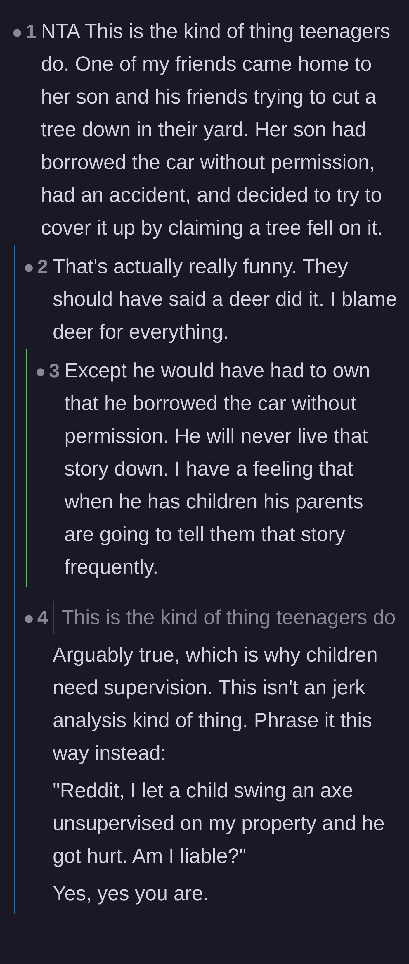 Comment thread 1 - A debate comparing funny teenage cover-ups to the legal liabilities of leaving minors unsupervised with tools.
