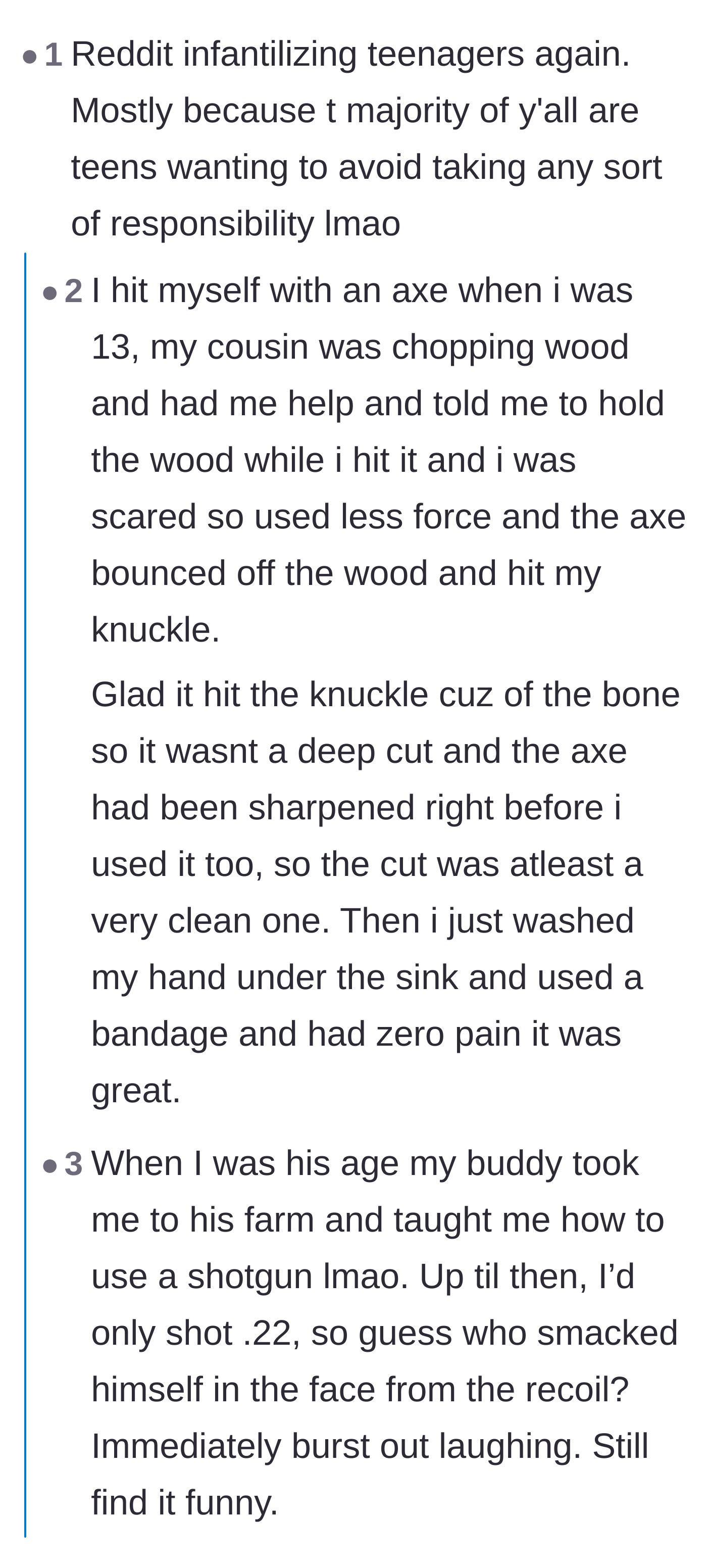 Comment thread 2 - Users swapping traumatic childhood stories of near-fatal injuries with axes, knives, and golf clubs to prove teens don't need supervision.