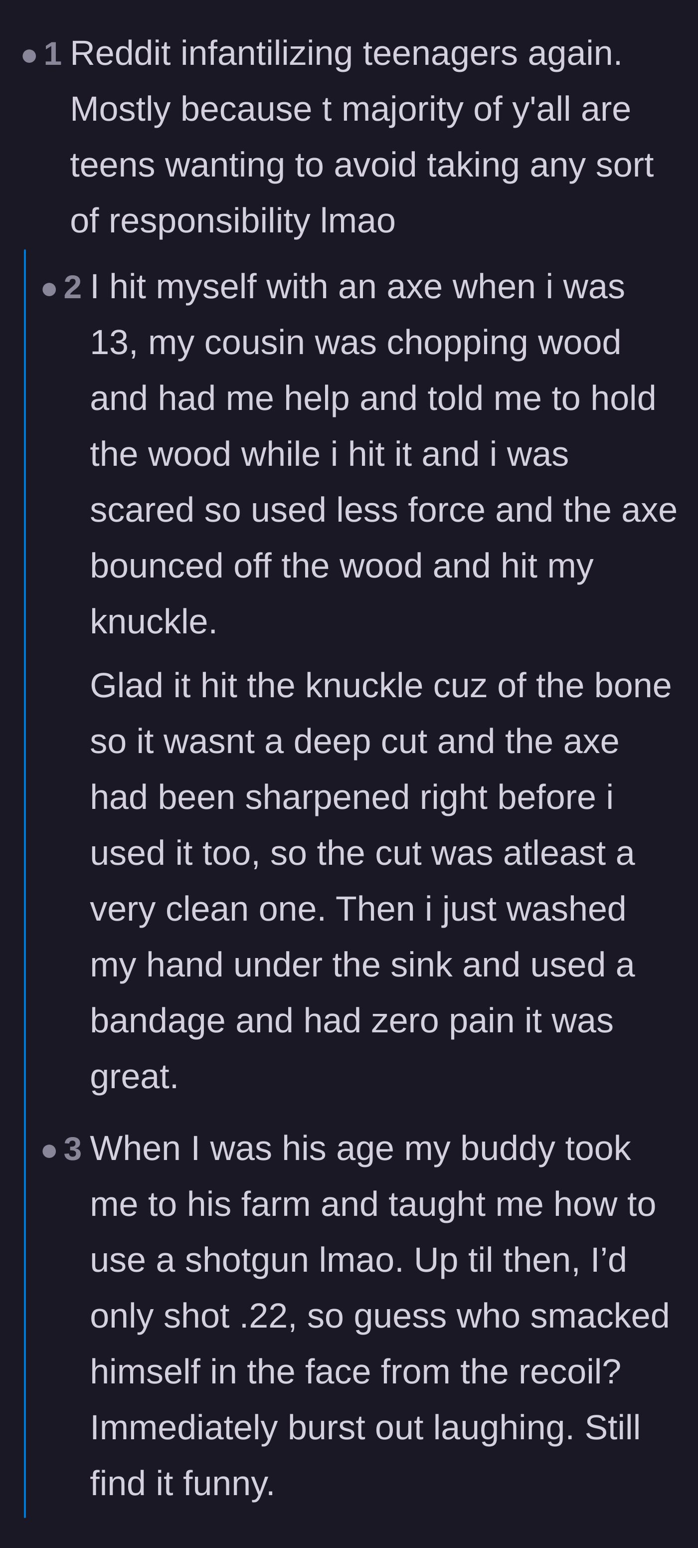 Comment thread 2 - Users swapping traumatic childhood stories of near-fatal injuries with axes, knives, and golf clubs to prove teens don't need supervision.