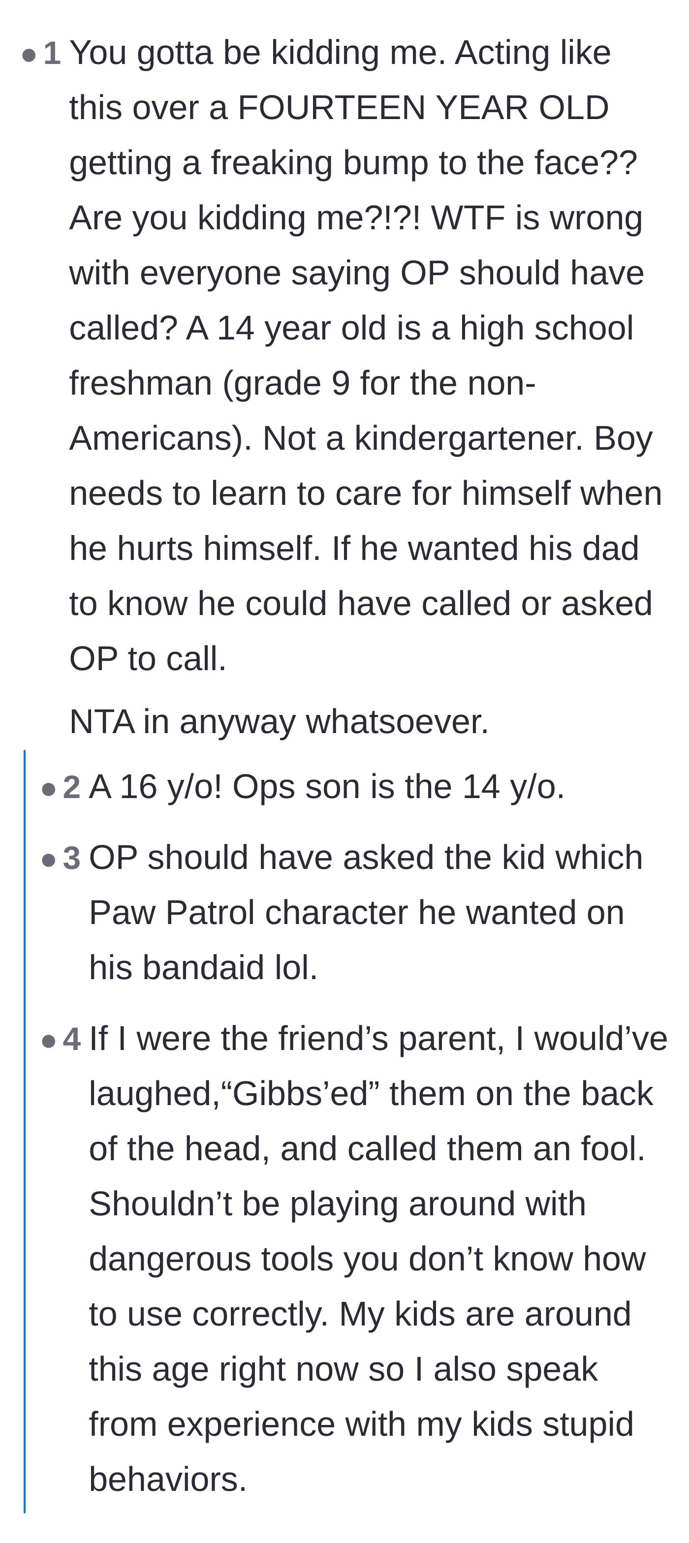 Comment thread 4 - Readers aggressively mocking the idea that a high schooler needs parental intervention for a facial injury.