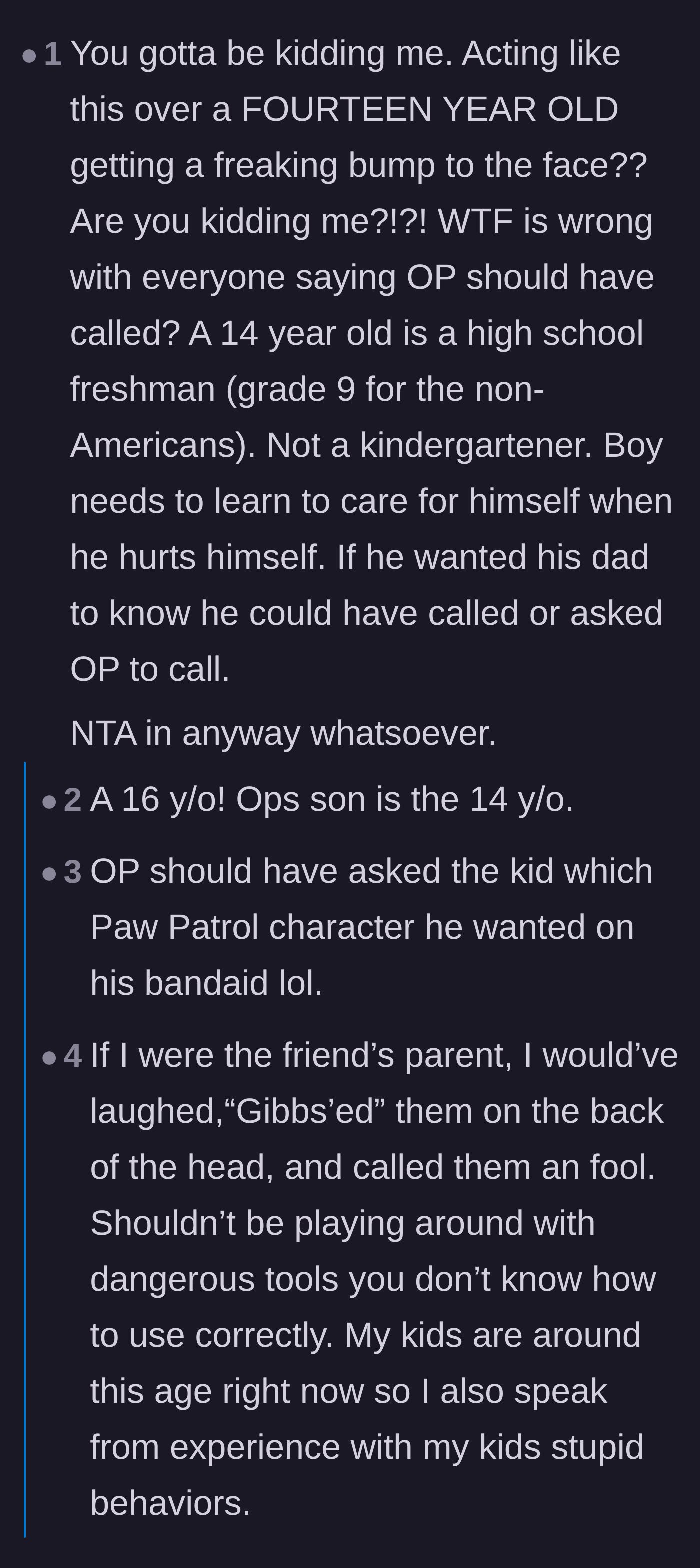 Comment thread 4 - Readers aggressively mocking the idea that a high schooler needs parental intervention for a facial injury.