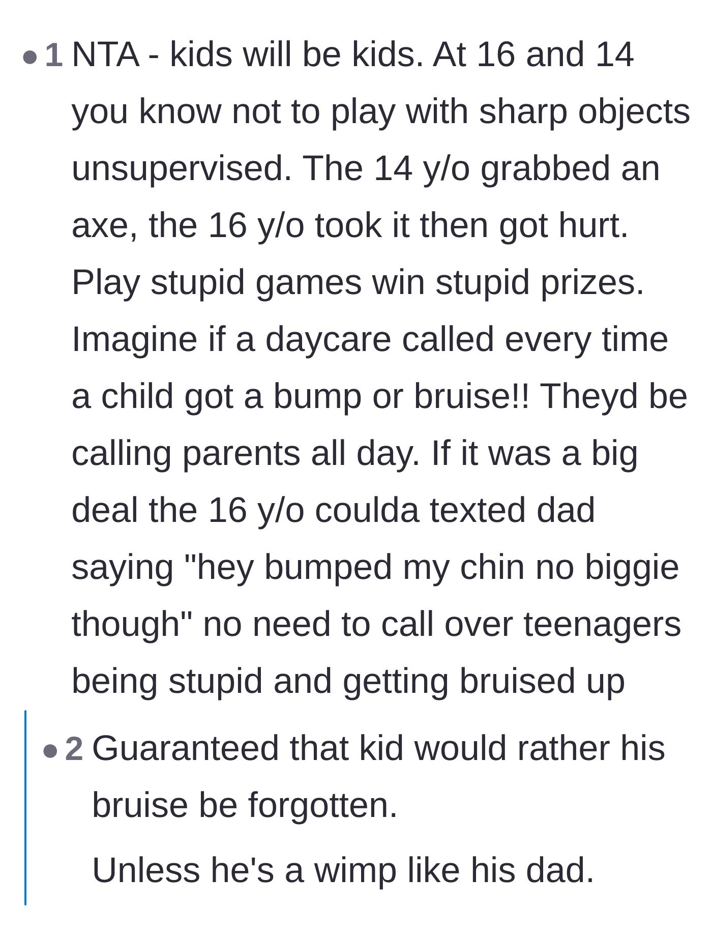 Comment thread 5 - A user argues that expecting a homeowner to call parents over an injury is as ridiculous as a daycare calling over every minor scrape.