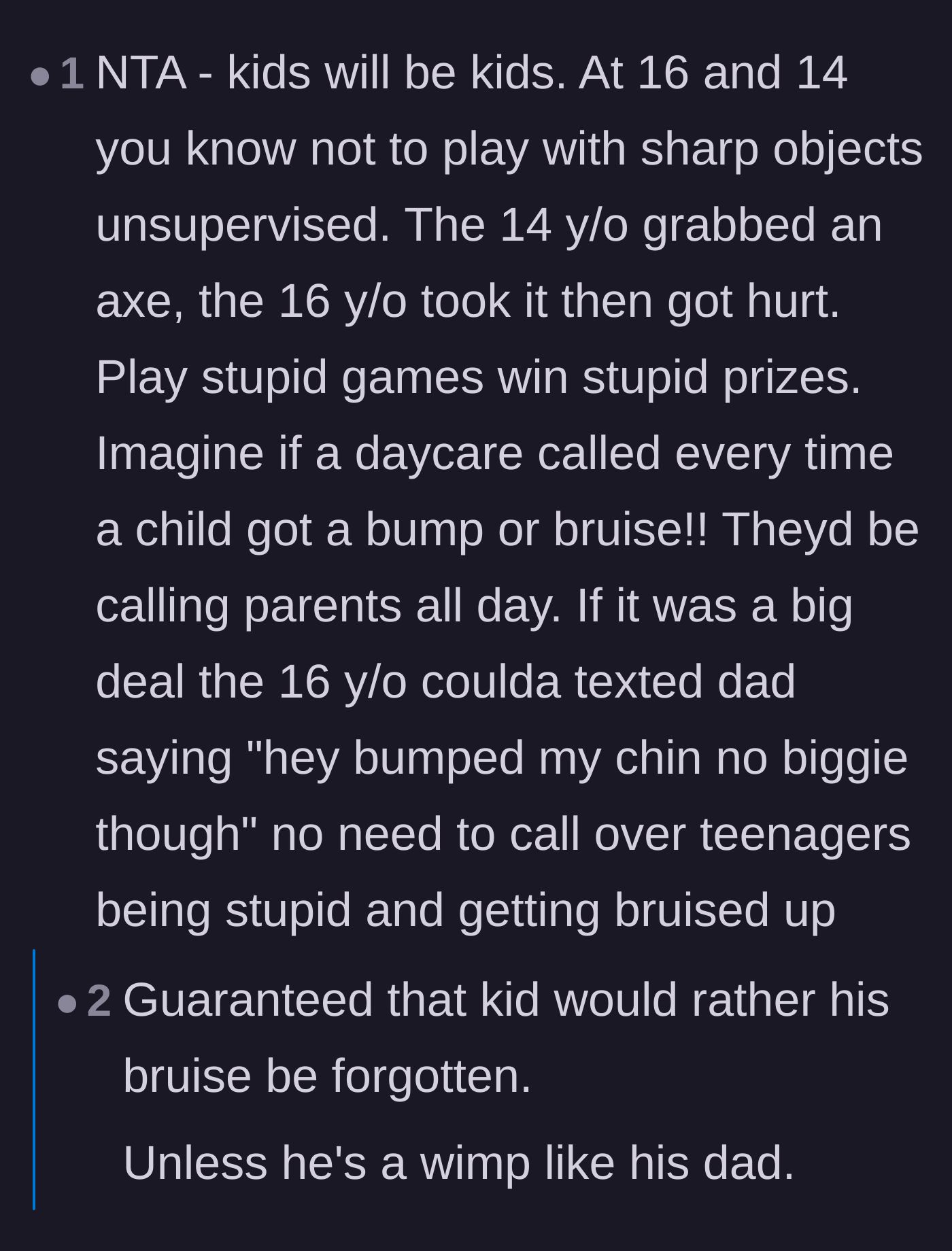 Comment thread 5 - A user argues that expecting a homeowner to call parents over an injury is as ridiculous as a daycare calling over every minor scrape.