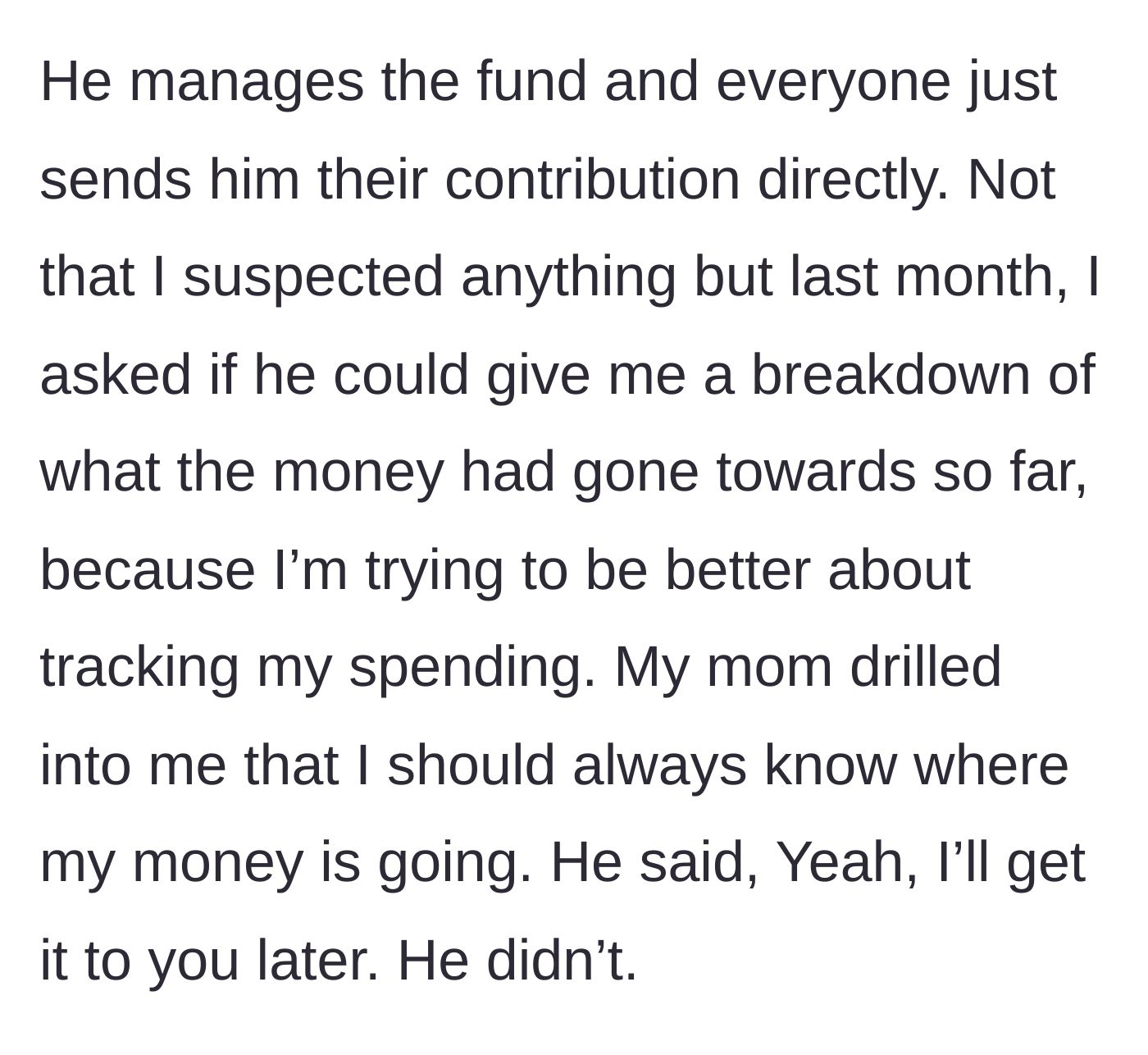 Story part 2 - New hire asking Liam for a budget breakdown and being brushed off.