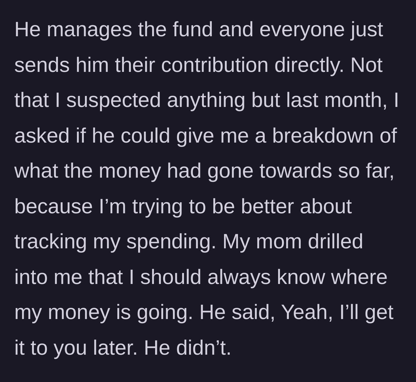 Story part 2 - New hire asking Liam for a budget breakdown and being brushed off.