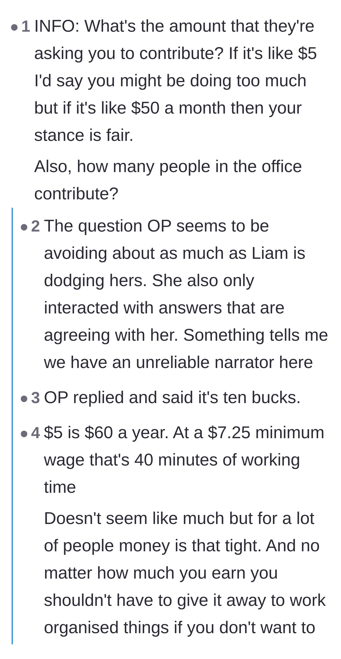 Comment thread 4 - Arguments that the main character is becoming the office problem over a trivial $10 monthly contribution.