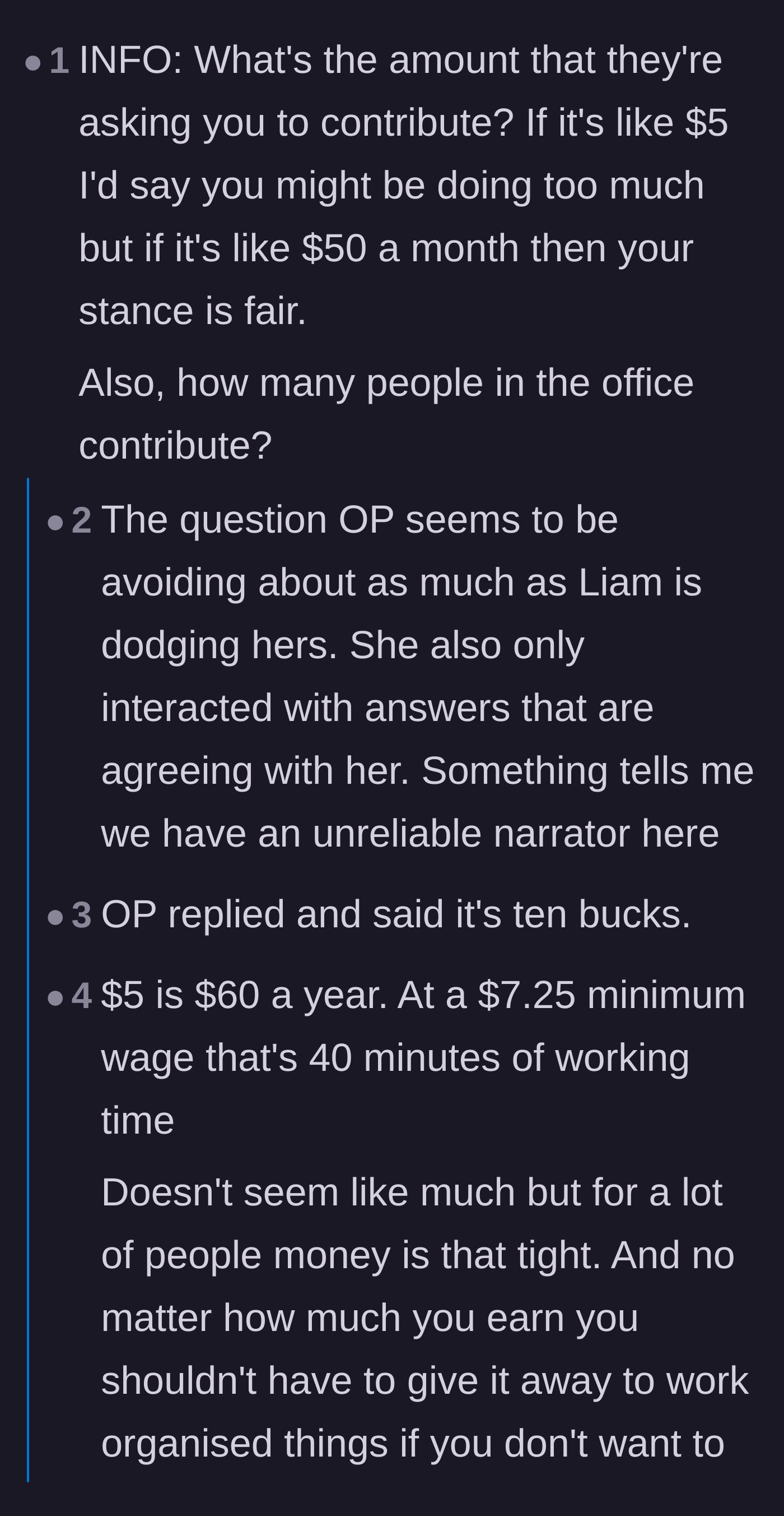 Comment thread 4 - Arguments that the main character is becoming the office problem over a trivial $10 monthly contribution.