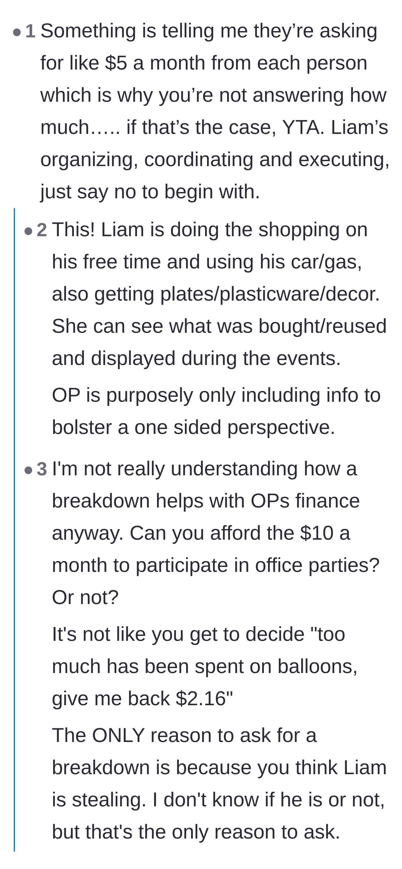 Comment thread 5 - Critics arguing that asking for receipts is insulting because Liam volunteers his free time and gas to organize events.