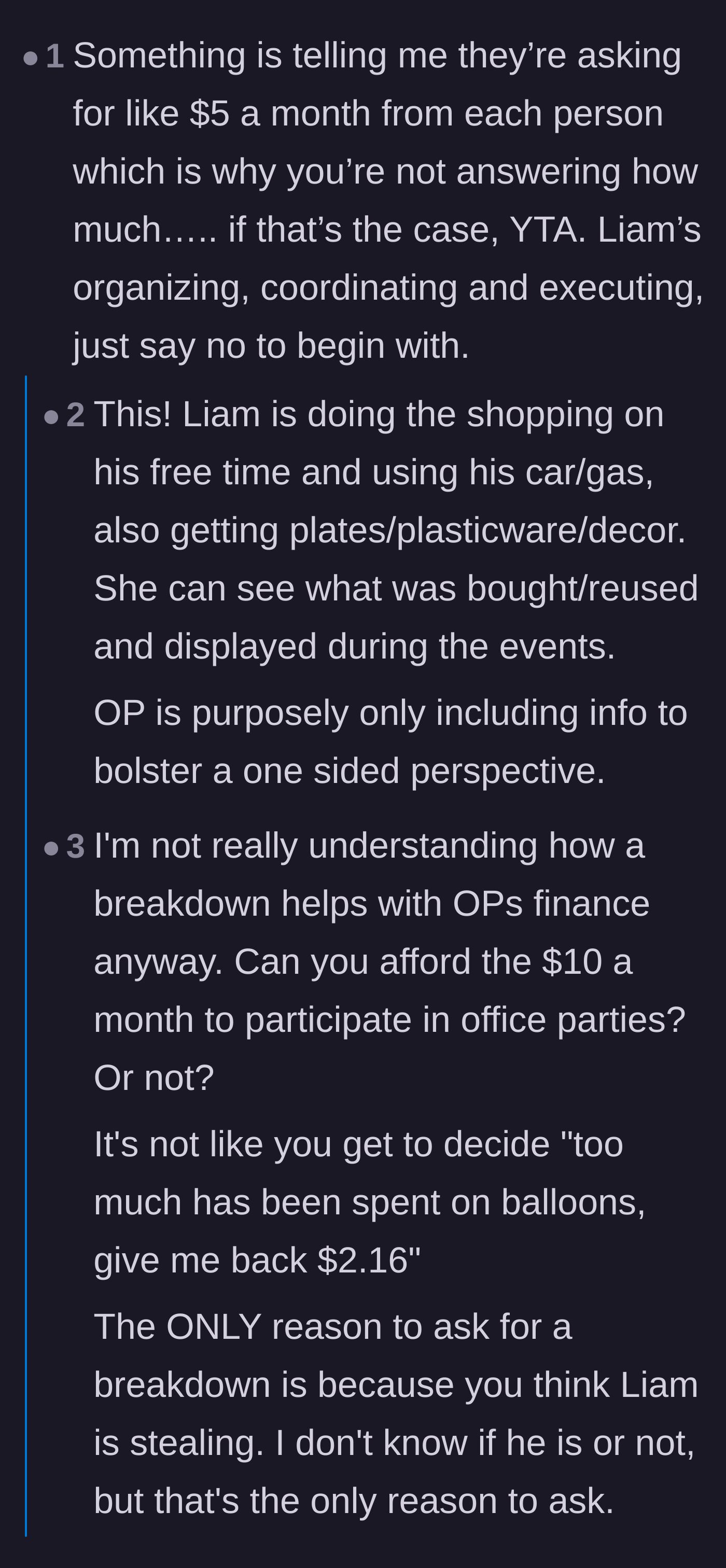 Comment thread 5 - Critics arguing that asking for receipts is insulting because Liam volunteers his free time and gas to organize events.