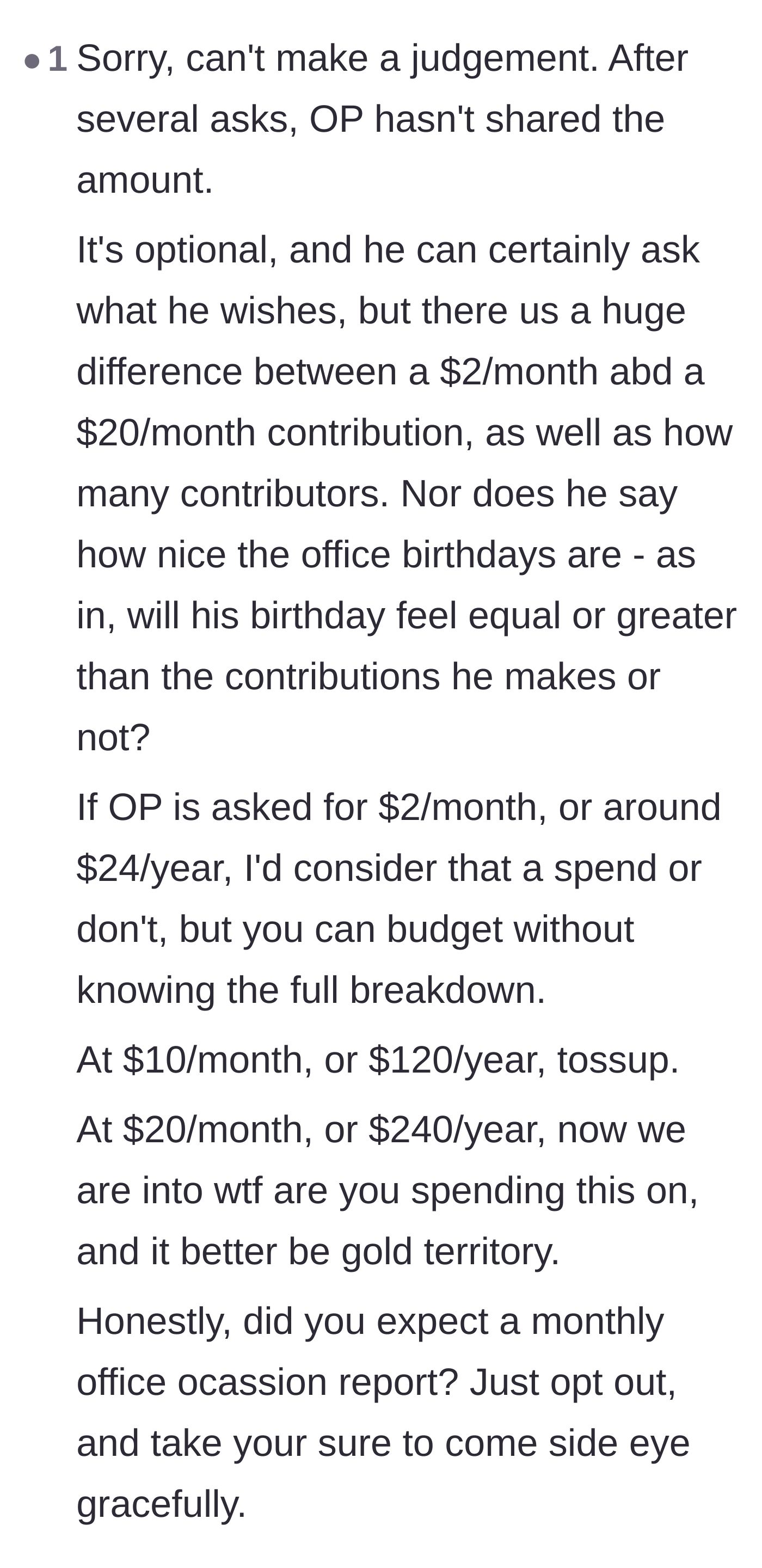 Comment thread 6 - A breakdown of how the monthly contribution amount dictates whether asking for a ledger is reasonable or petty.