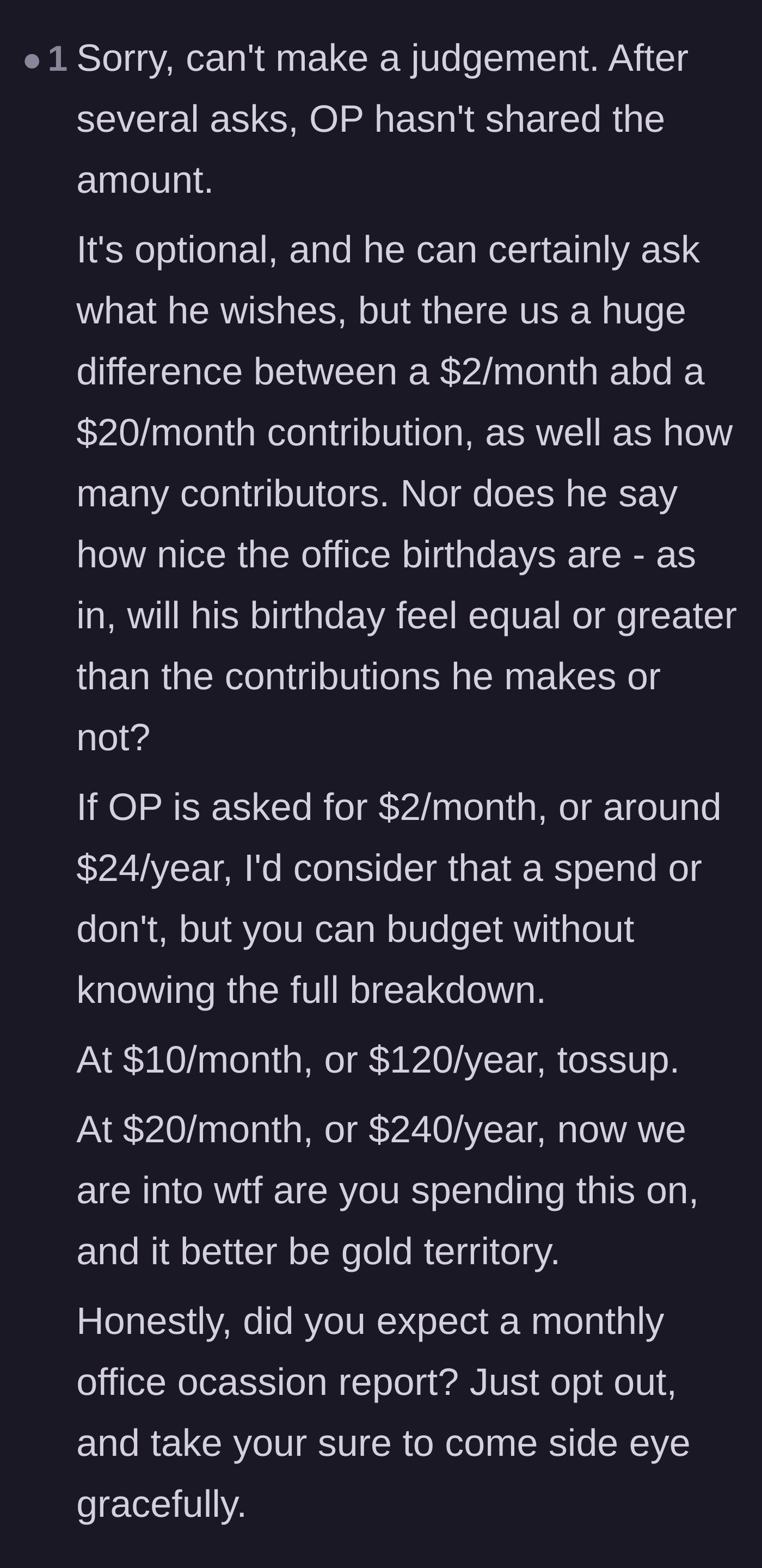 Comment thread 6 - A breakdown of how the monthly contribution amount dictates whether asking for a ledger is reasonable or petty.