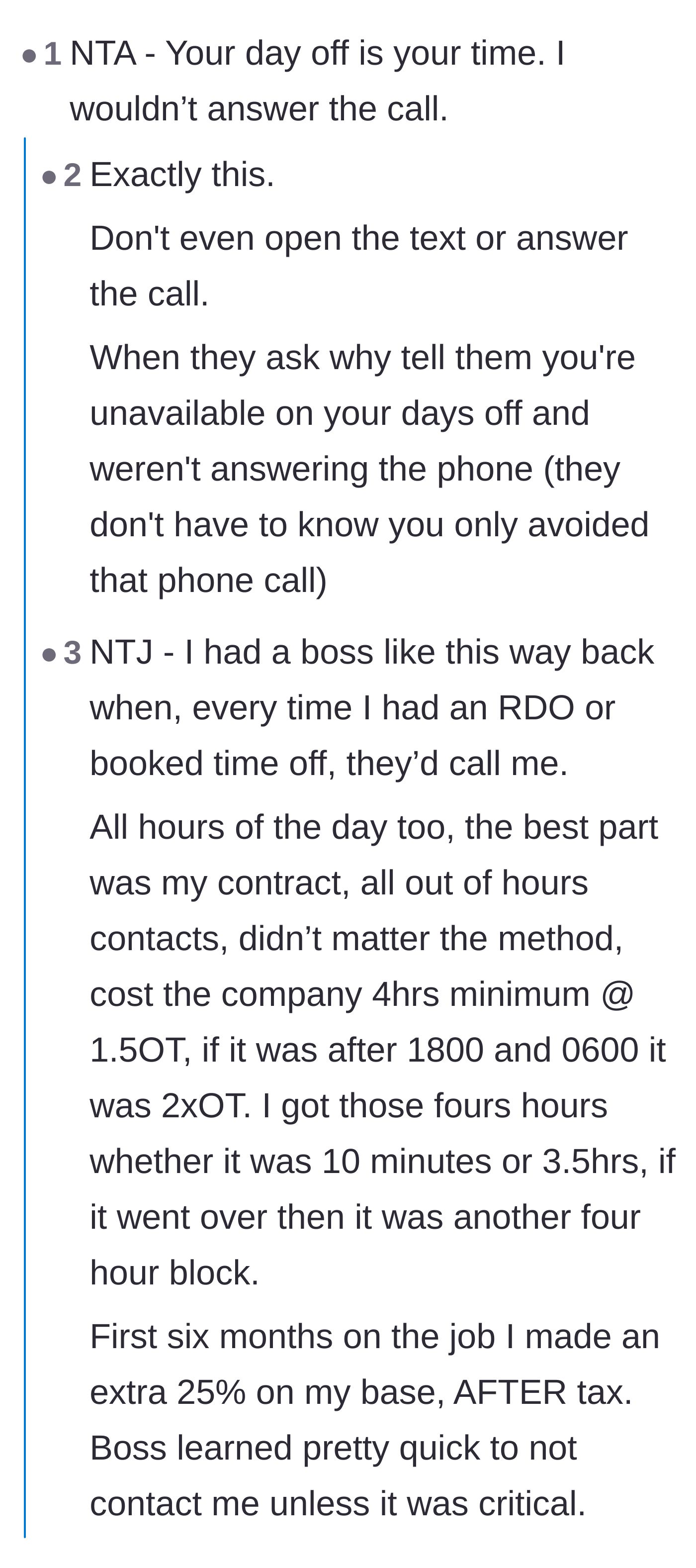 Comment thread 1 - A discussion on ignoring work calls on days off and forcing companies to pay minimum overtime blocks for off-the-clock contact.
