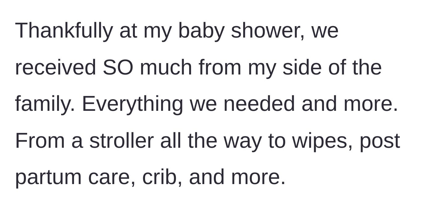 Story part 10 - The author reflects on how well her own family provided for her baby, gifting everything they needed.