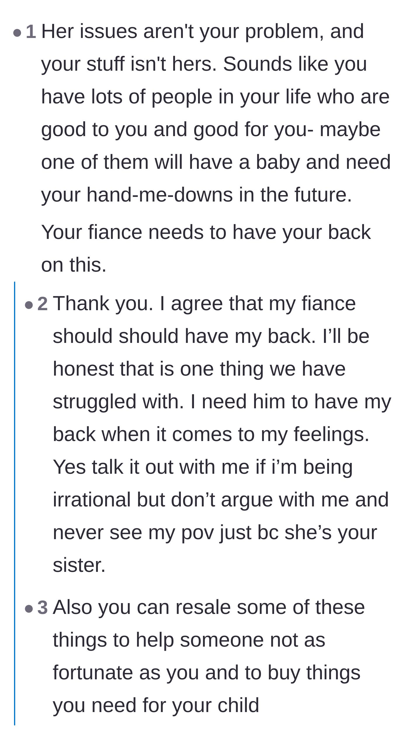 Comment thread 1 - Advice on dealing with an unsupportive fiancé by claiming the baby items are being saved for future children.