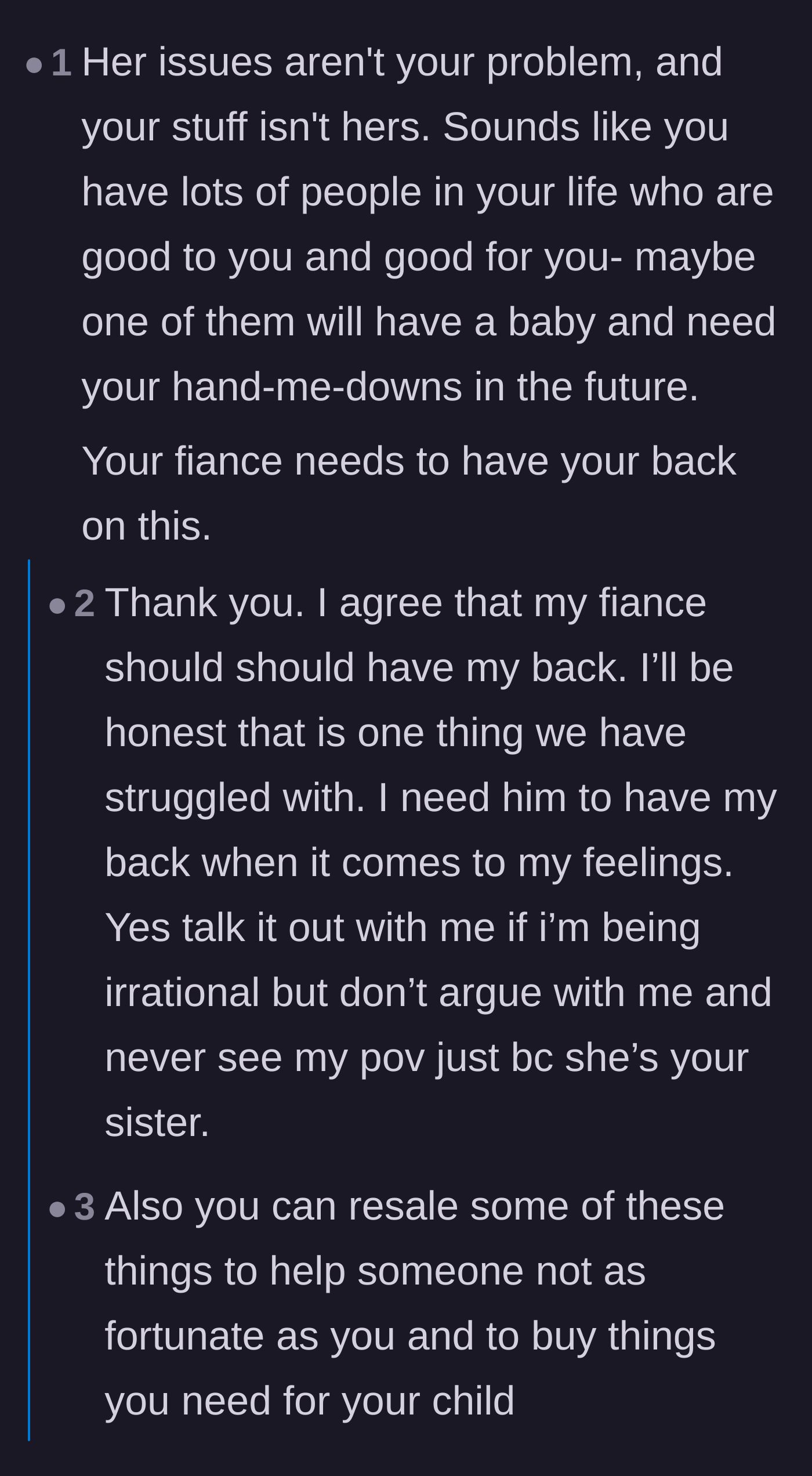 Comment thread 1 - Advice on dealing with an unsupportive fiancé by claiming the baby items are being saved for future children.