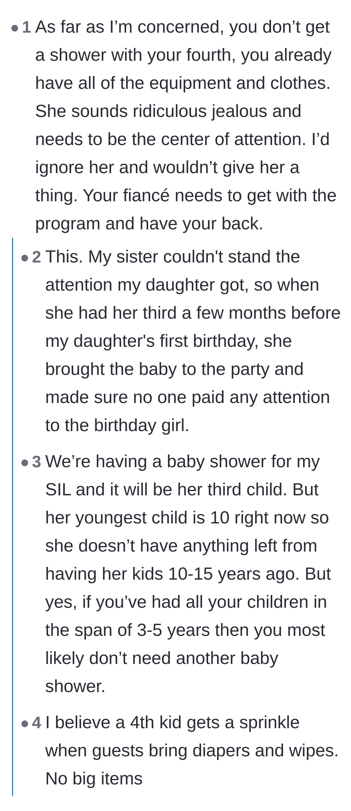 Comment thread 2 - Discussion about baby shower etiquette and how fourth children typically only get a small 'sprinkle' rather than a full shower.