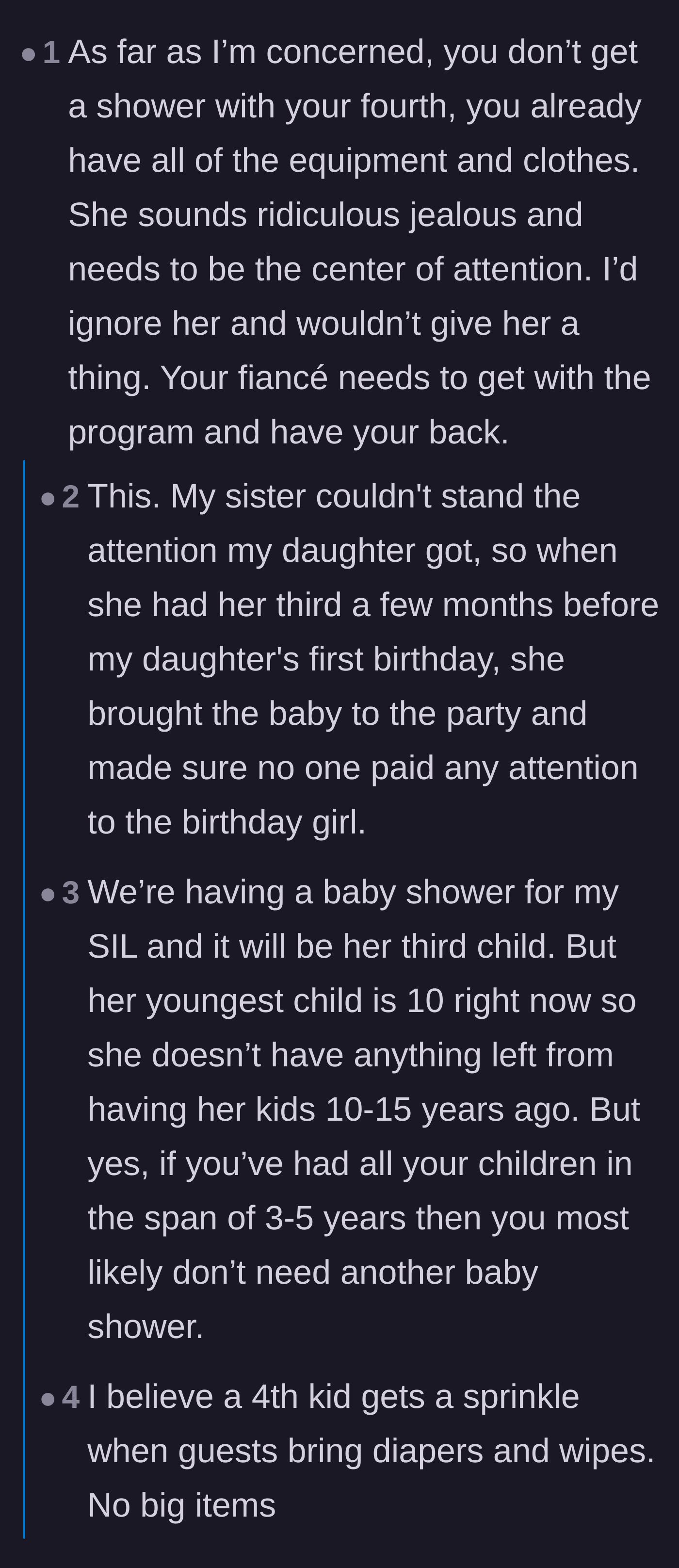 Comment thread 2 - Discussion about baby shower etiquette and how fourth children typically only get a small 'sprinkle' rather than a full shower.