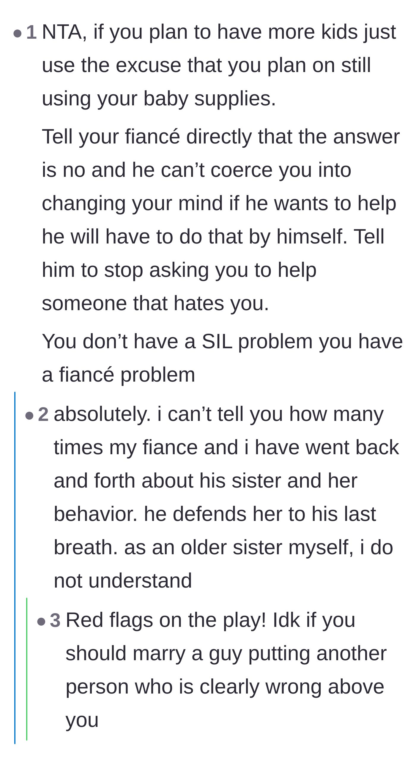 Comment thread 3 - Calling out the major red flags in the fiancé's behavior for constantly defending his toxic sister.