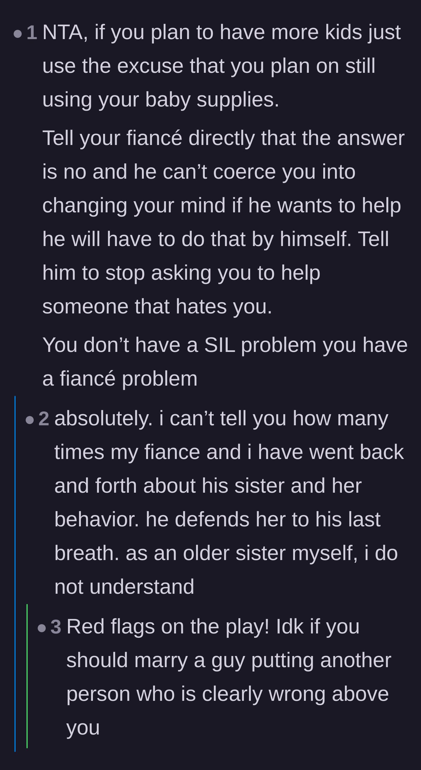 Comment thread 3 - Calling out the major red flags in the fiancé's behavior for constantly defending his toxic sister.