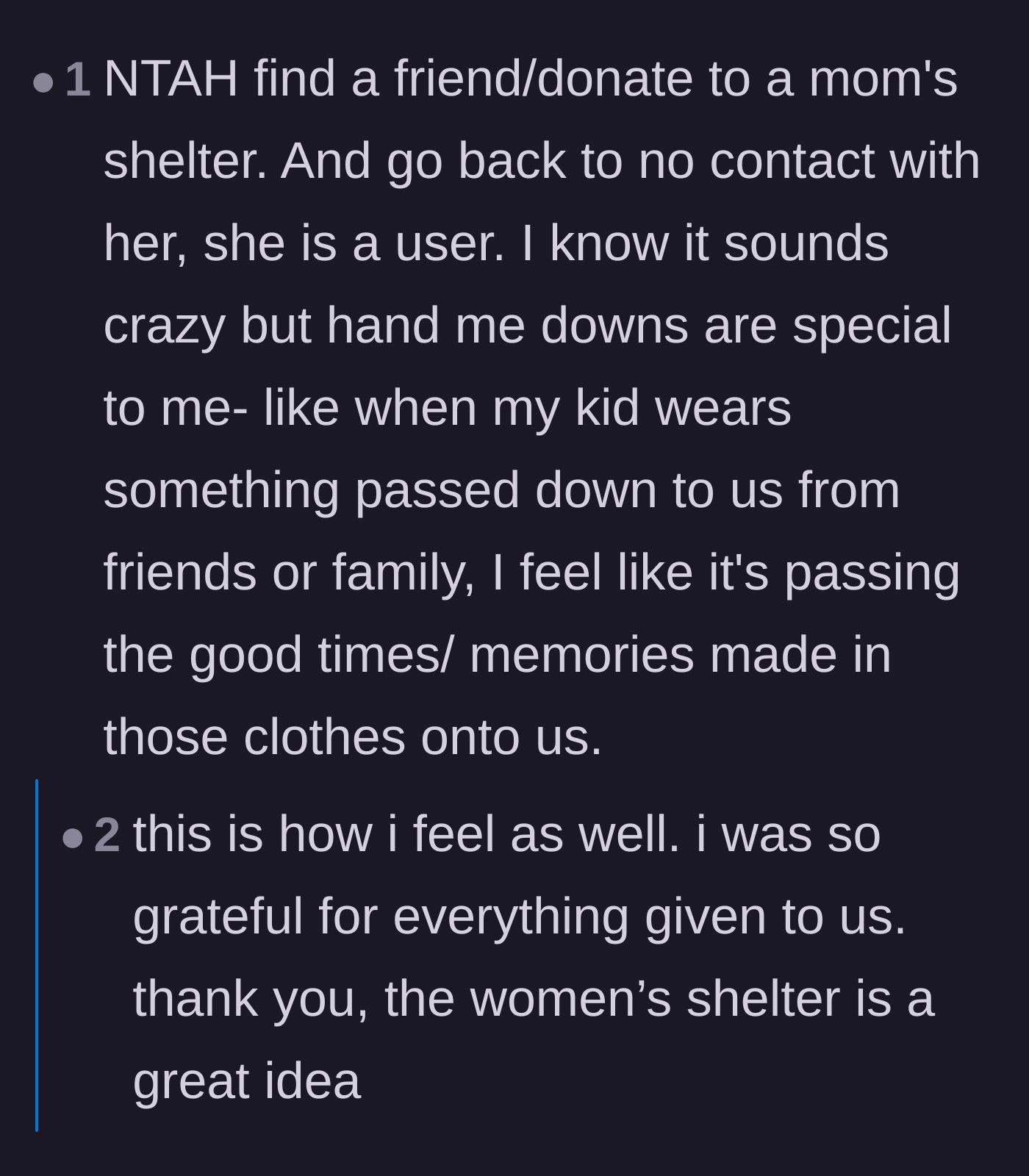 Comment thread 4 - Suggestions to donate the high-quality baby items to a women's shelter or give them back to the original gift-givers.