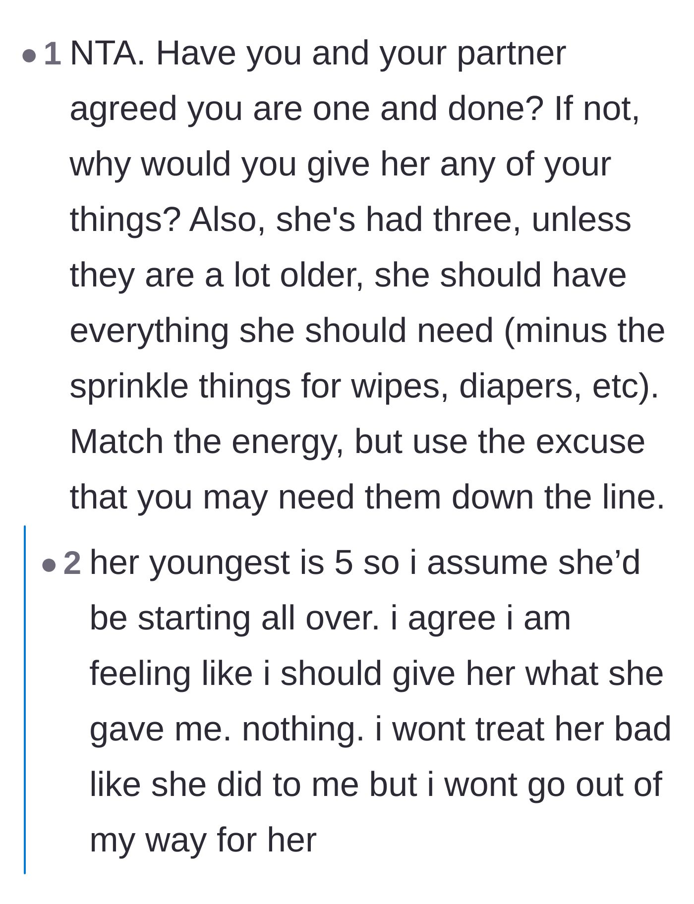 Comment thread 5 - Pointing out that giving the items to the sister-in-law would be incredibly disrespectful to the author's family who bought them.