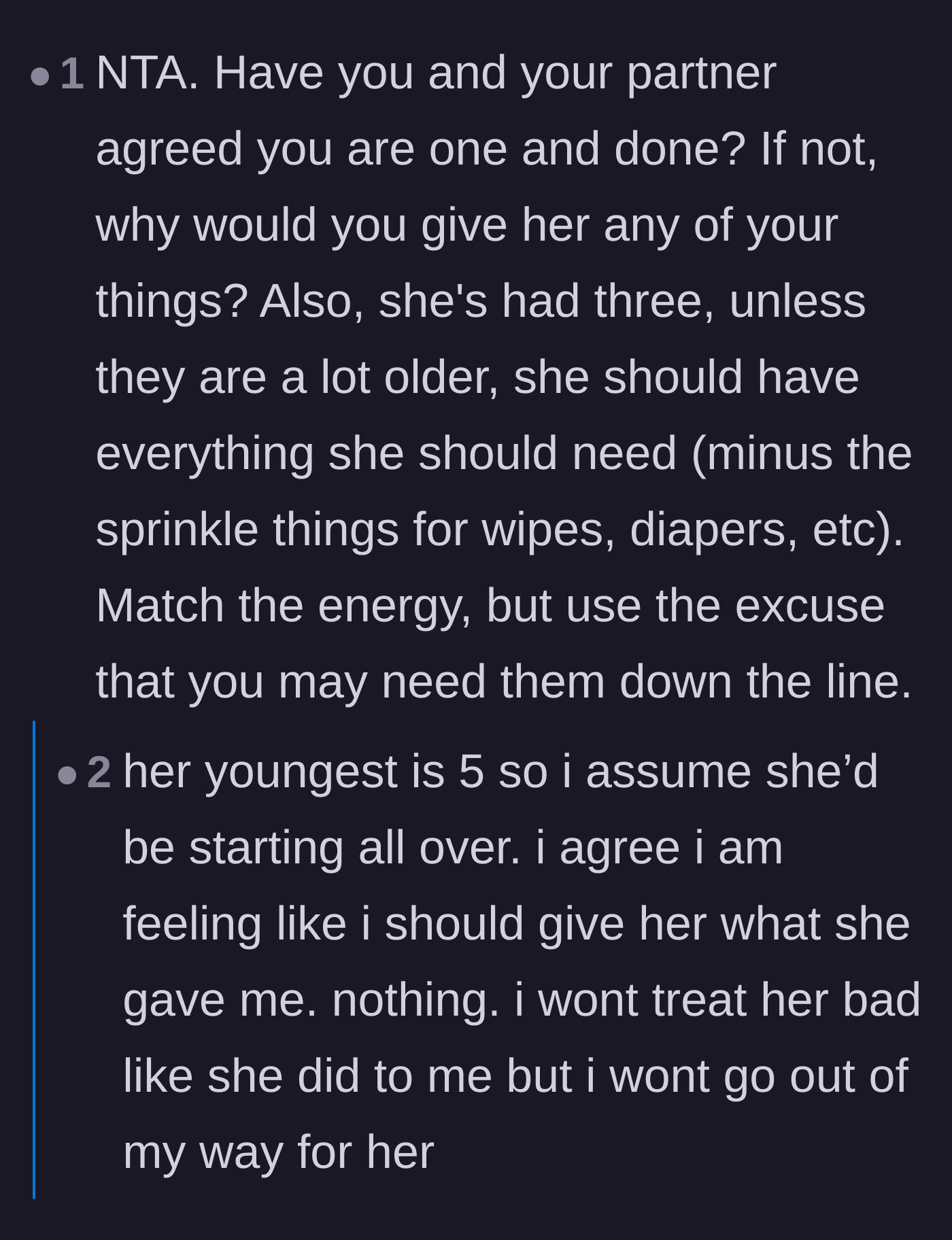 Comment thread 5 - Pointing out that giving the items to the sister-in-law would be incredibly disrespectful to the author's family who bought them.