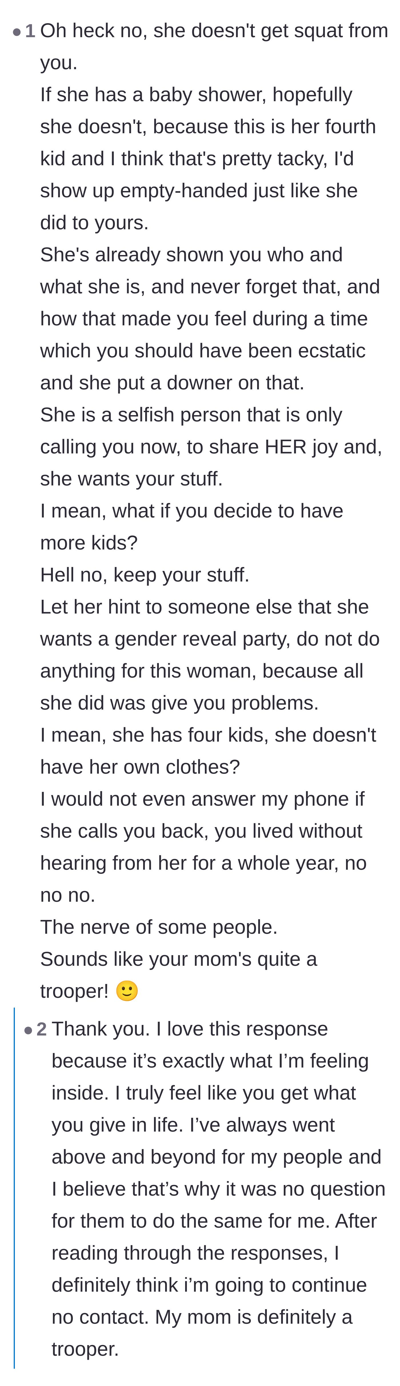 Comment thread 6 - Encouragement to match the sister-in-law's toxic energy by showing up empty-handed and maintaining strict no-contact.
