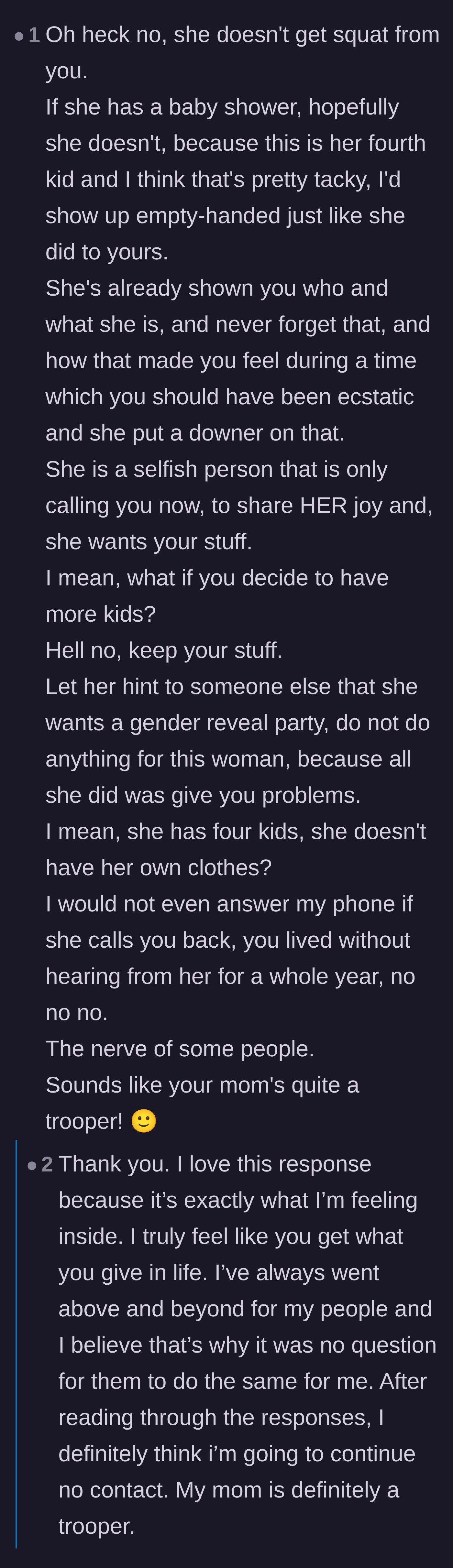 Comment thread 6 - Encouragement to match the sister-in-law's toxic energy by showing up empty-handed and maintaining strict no-contact.