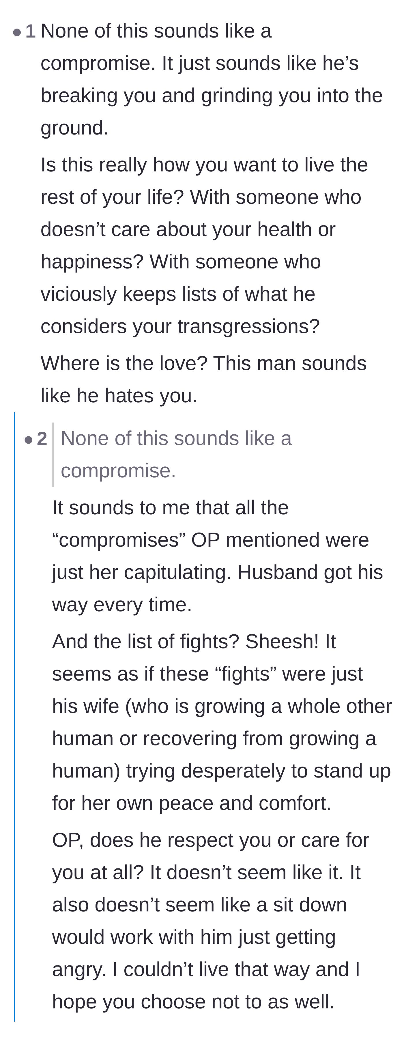 Comment thread 5 - A blunt observation that the husband doesn't actually seem to like his wife and just wants to break her down.