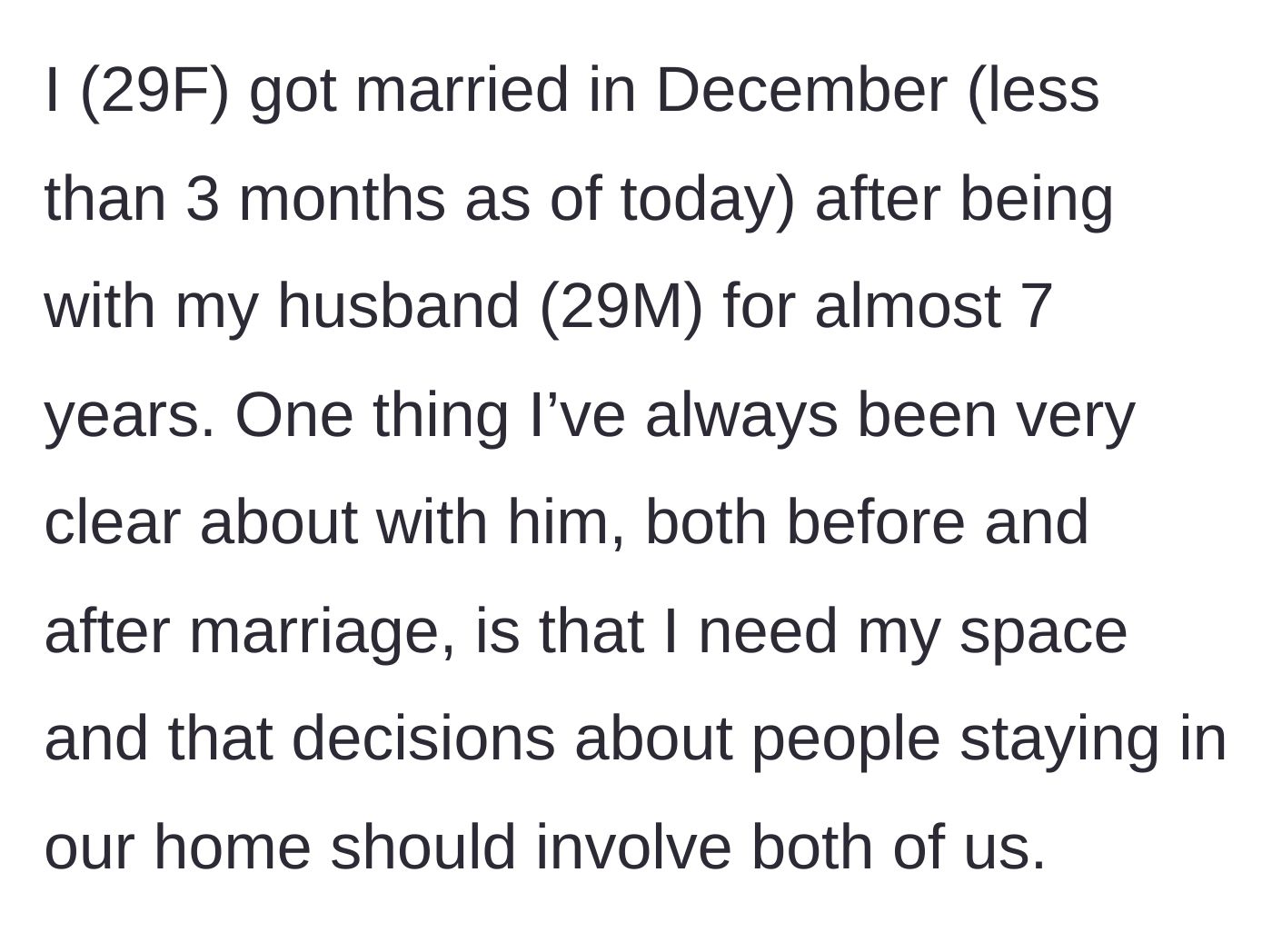 Story part 1 - The newlywed wife establishing her one non-negotiable boundary before marriage.
