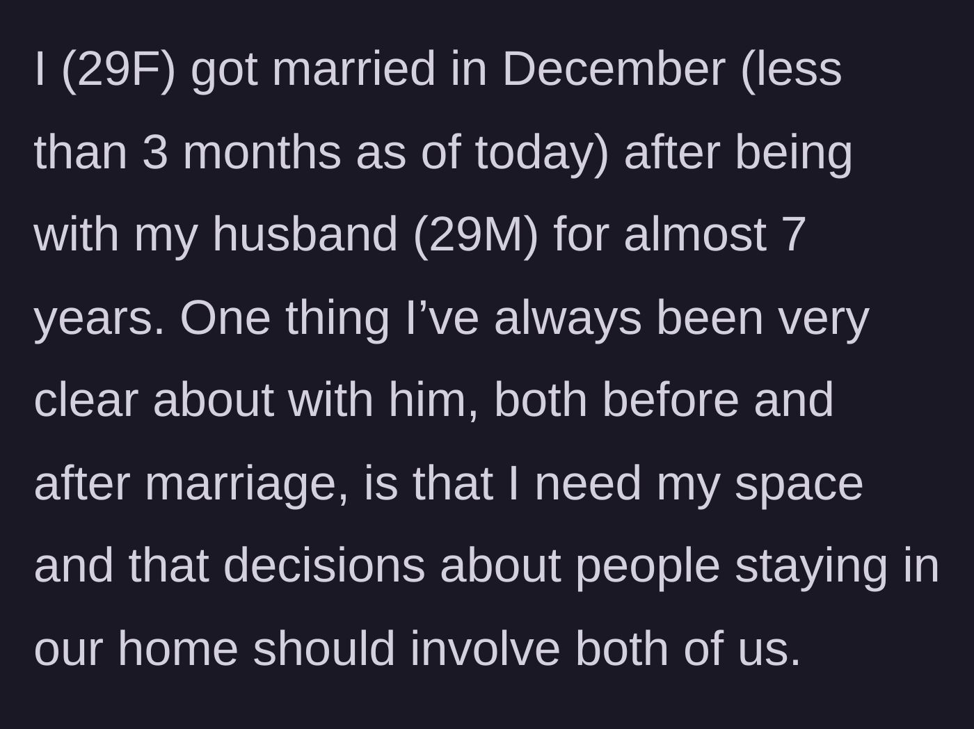 Story part 1 - The newlywed wife establishing her one non-negotiable boundary before marriage.