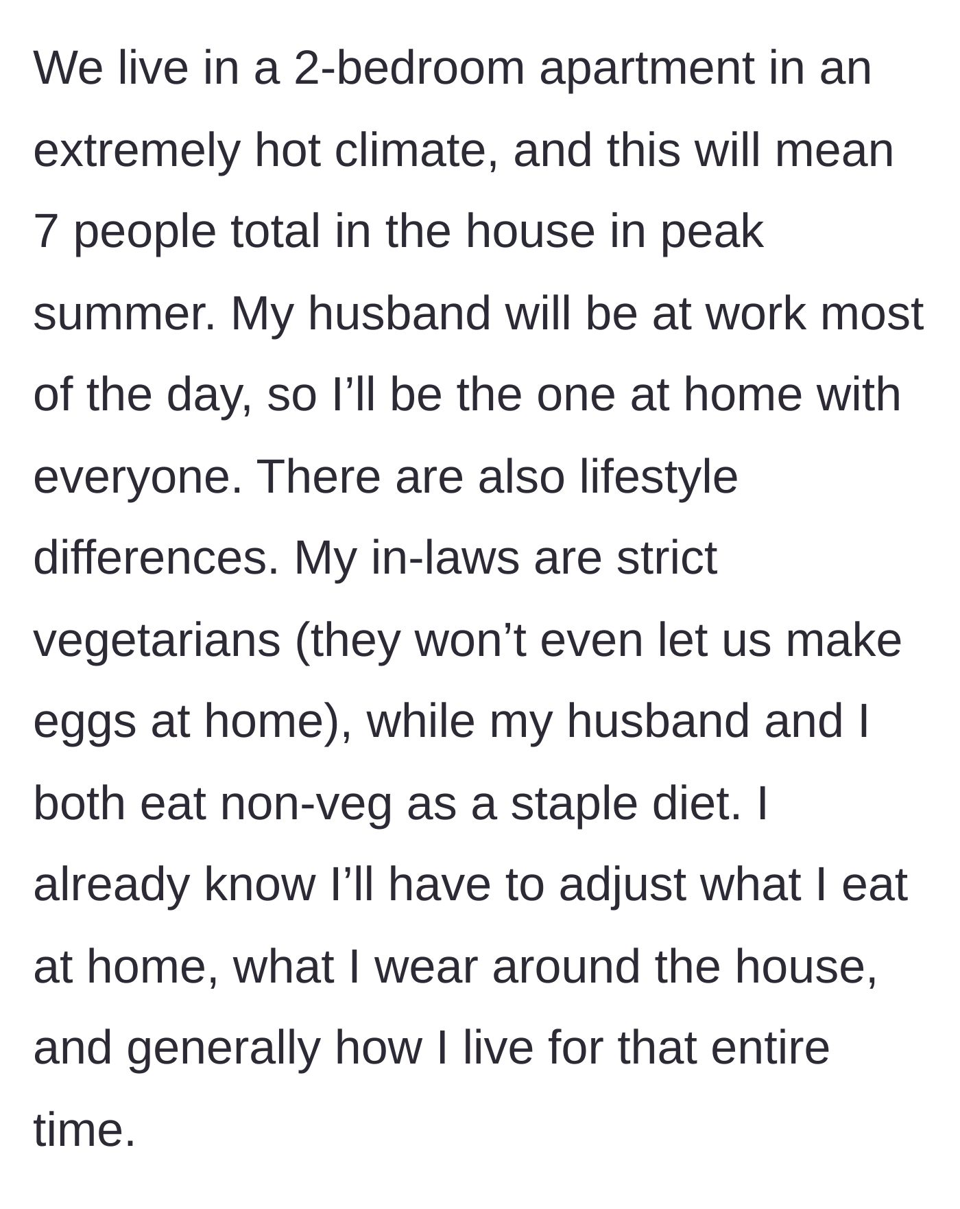 Story part 3 - The logistical nightmare of fitting seven people into a two-bedroom apartment under strict dietary and lifestyle rules.