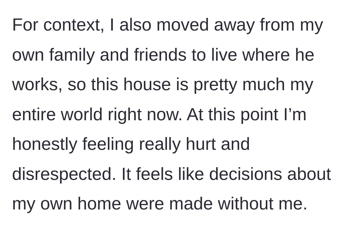 Story part 5 - The wife expressing her profound isolation and betrayal in a city where she knows no one.