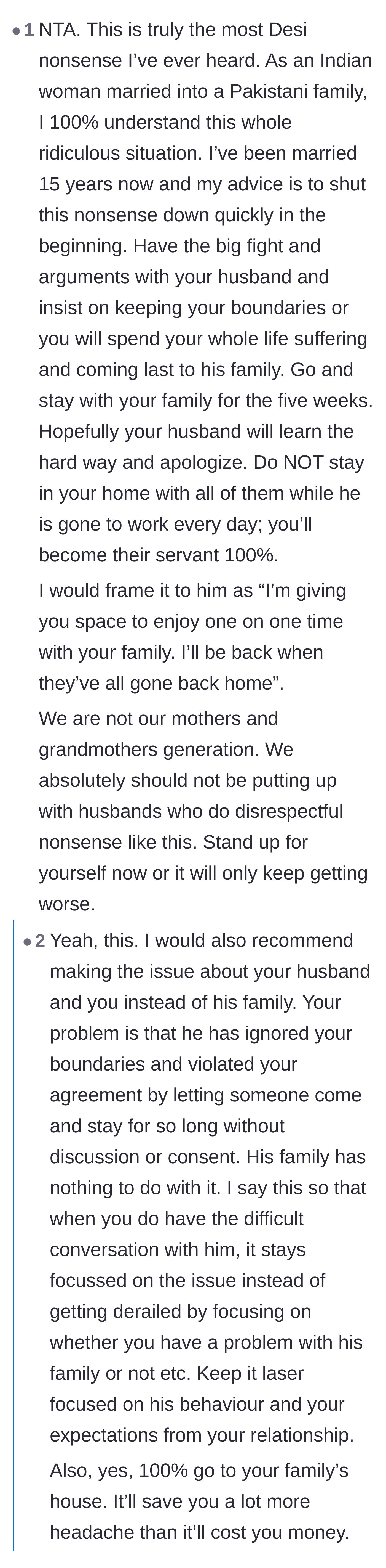 Comment thread 1 - Advice from a woman with similar cultural experiences urging the wife to leave for her parents' house and secure her valuables.