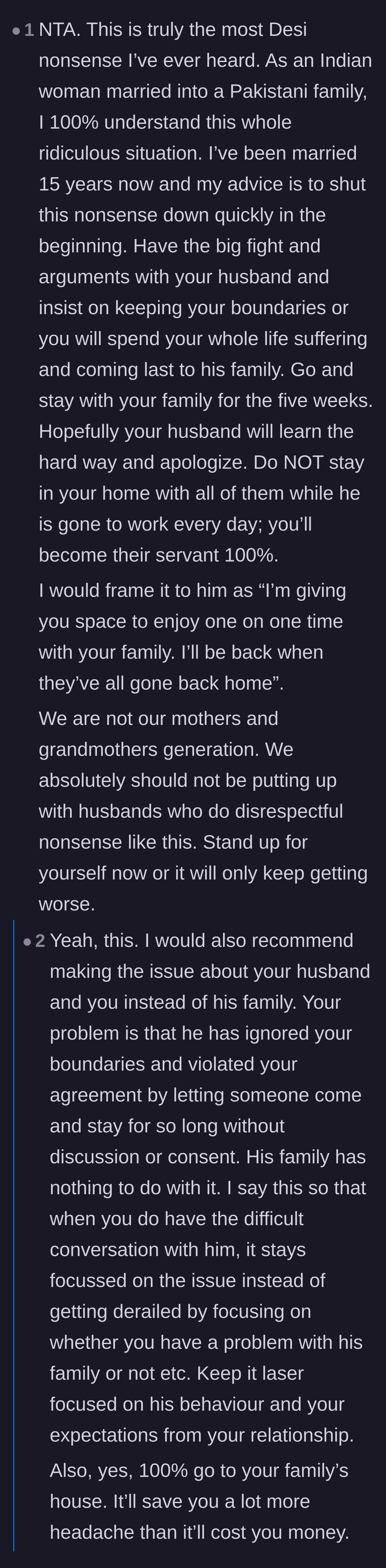 Comment thread 1 - Advice from a woman with similar cultural experiences urging the wife to leave for her parents' house and secure her valuables.